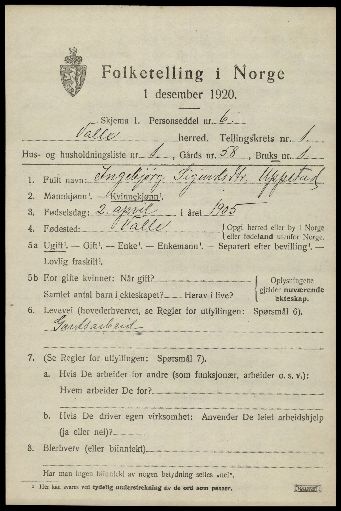 SAK, 1920 census for Valle, 1920, p. 447