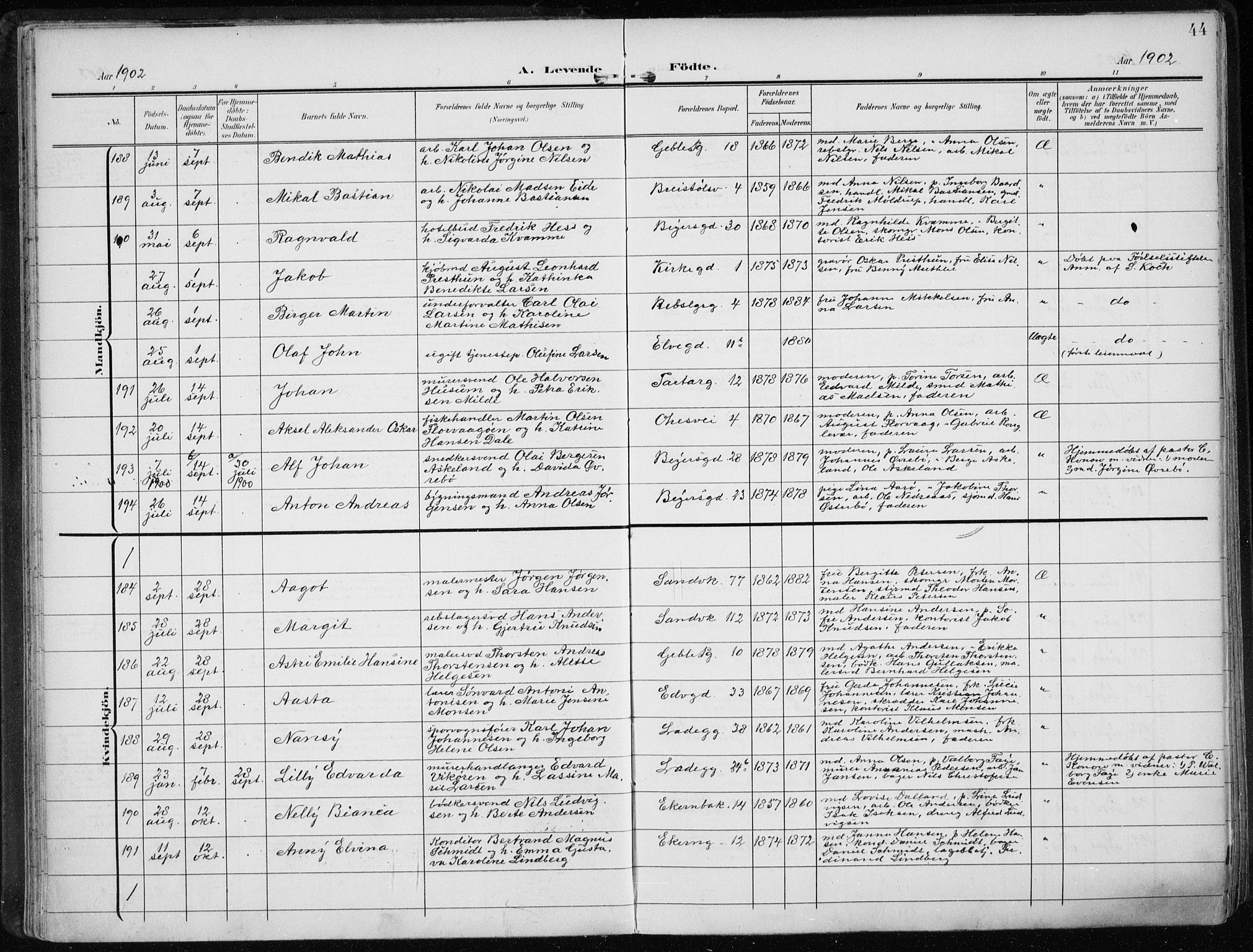 Sandviken Sokneprestembete, AV/SAB-A-77601/H/Ha/L0006: Parish register (official) no. B 3, 1901-1912, p. 44