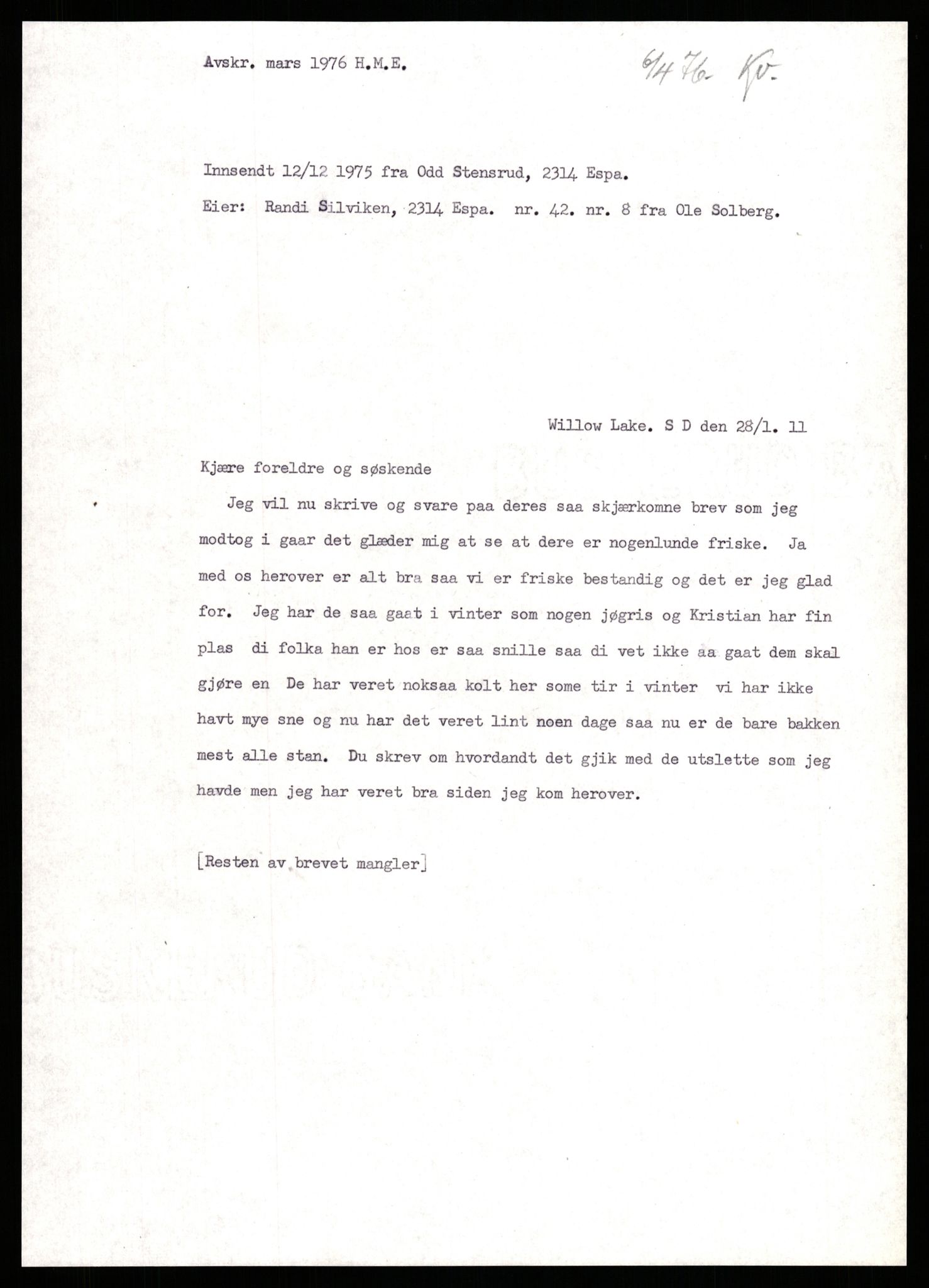 Samlinger til kildeutgivelse, Amerikabrevene, AV/RA-EA-4057/F/L0009: Innlån fra Hedmark: Statsarkivet i Hamar - Wærenskjold, 1838-1914, p. 457