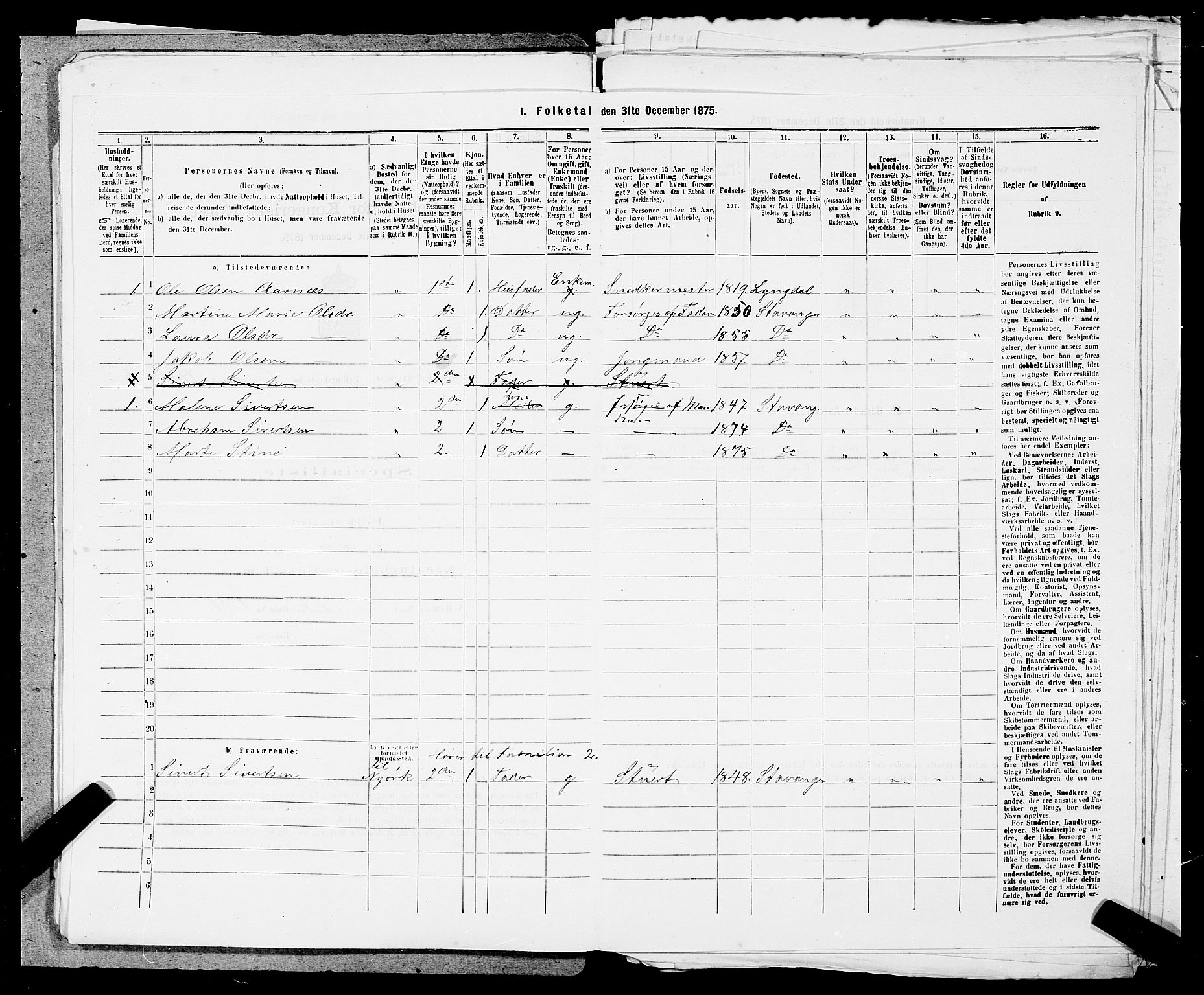 SAST, 1875 census for 1103 Stavanger, 1875, p. 2531