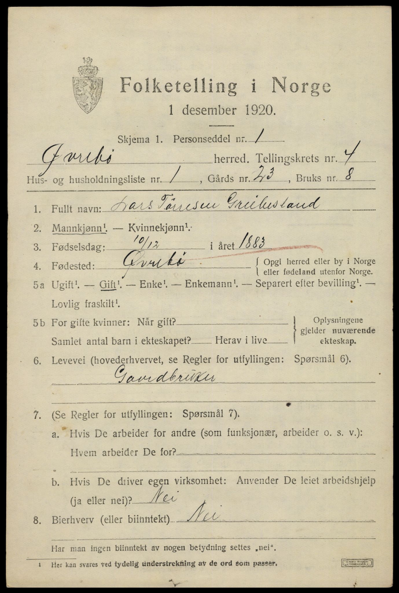 SAK, 1920 census for Øvrebø, 1920, p. 784