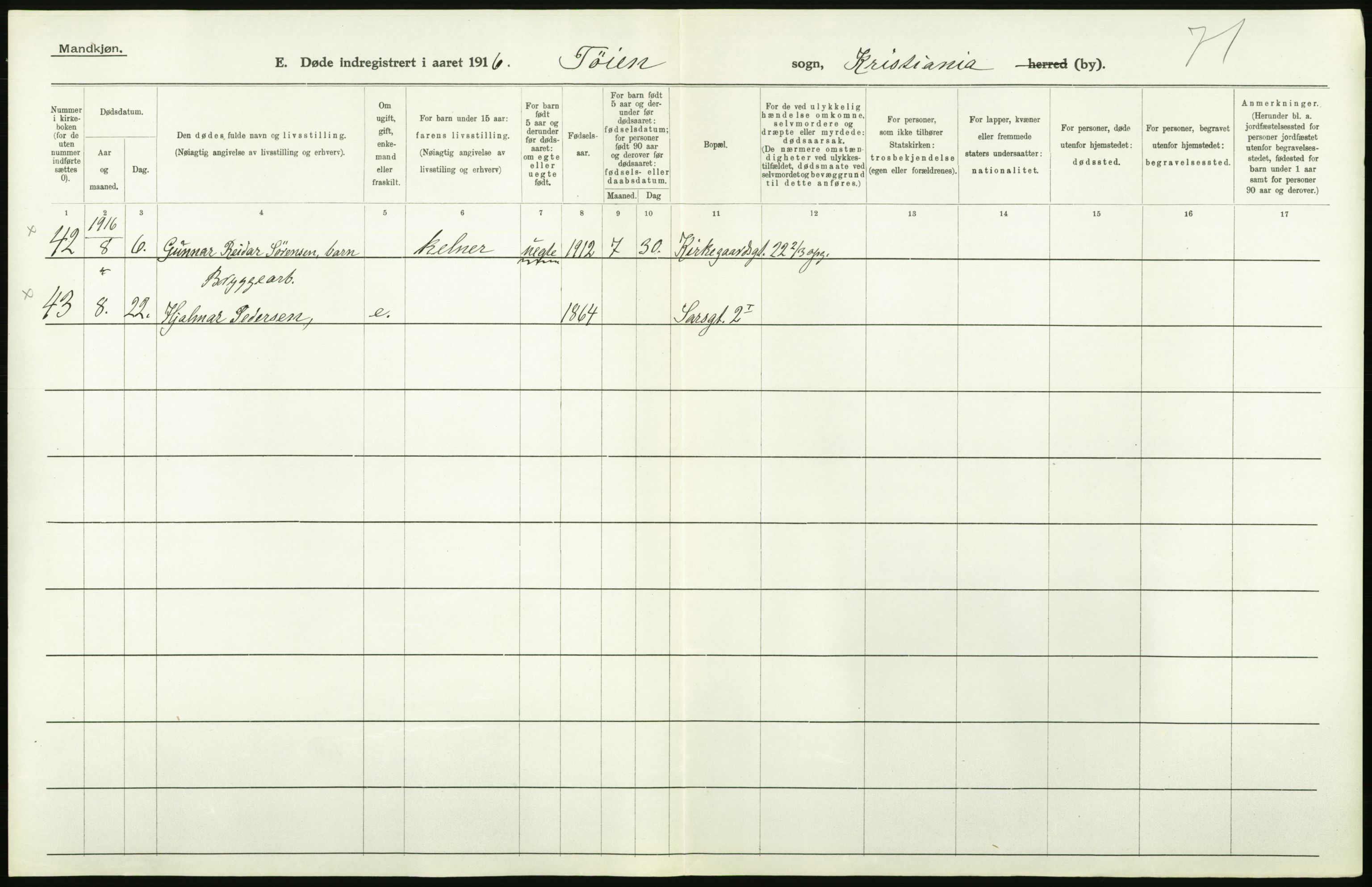 Statistisk sentralbyrå, Sosiodemografiske emner, Befolkning, AV/RA-S-2228/D/Df/Dfb/Dfbf/L0009: Kristiania: Døde., 1916, p. 490