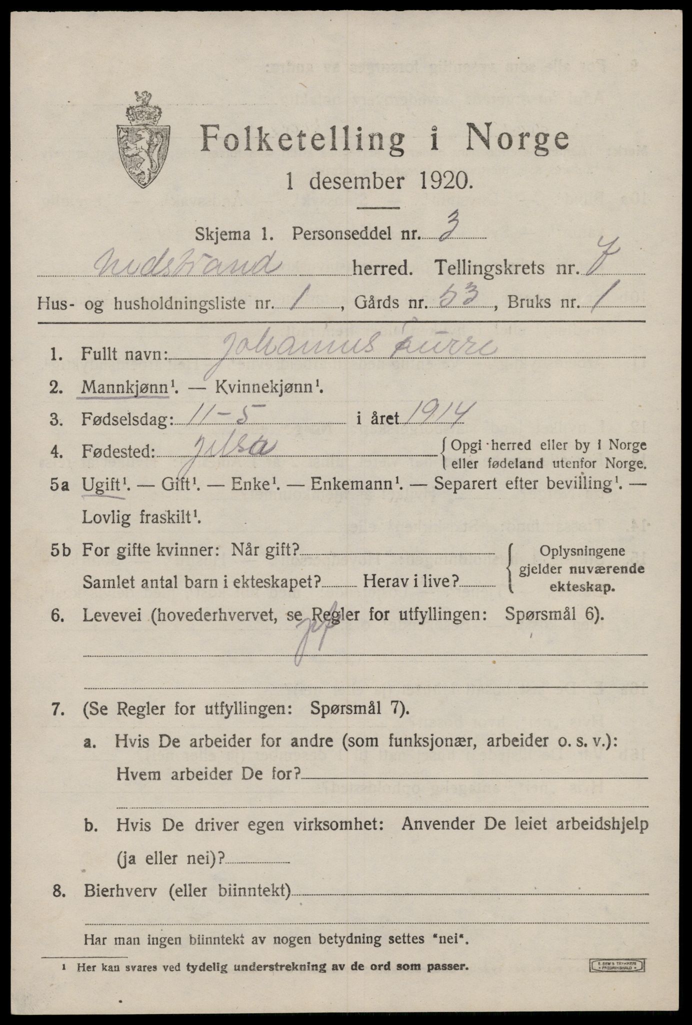 SAST, 1920 census for Nedstrand, 1920, p. 2653