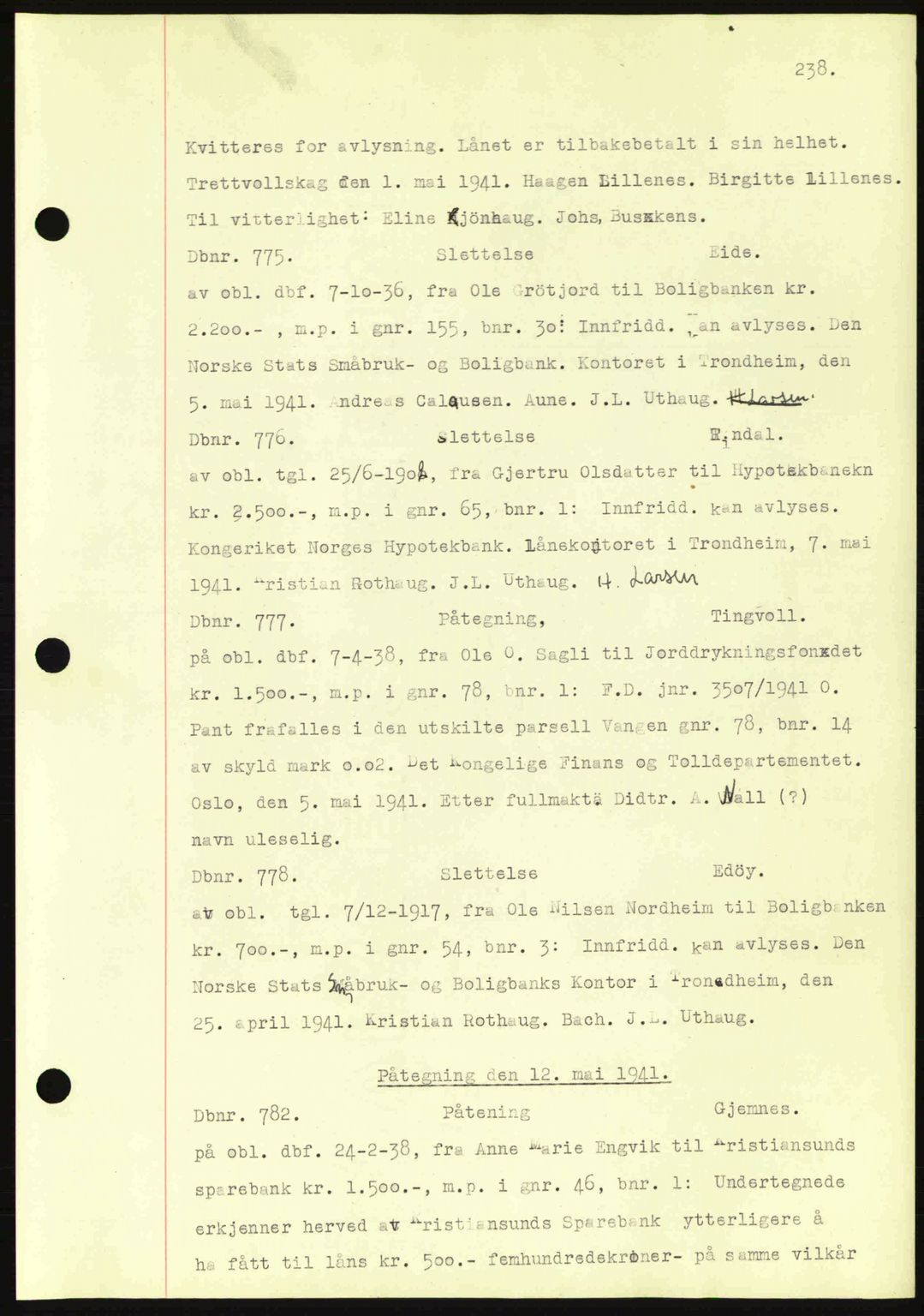 Nordmøre sorenskriveri, AV/SAT-A-4132/1/2/2Ca: Mortgage book no. C81, 1940-1945, Diary no: : 775/1941