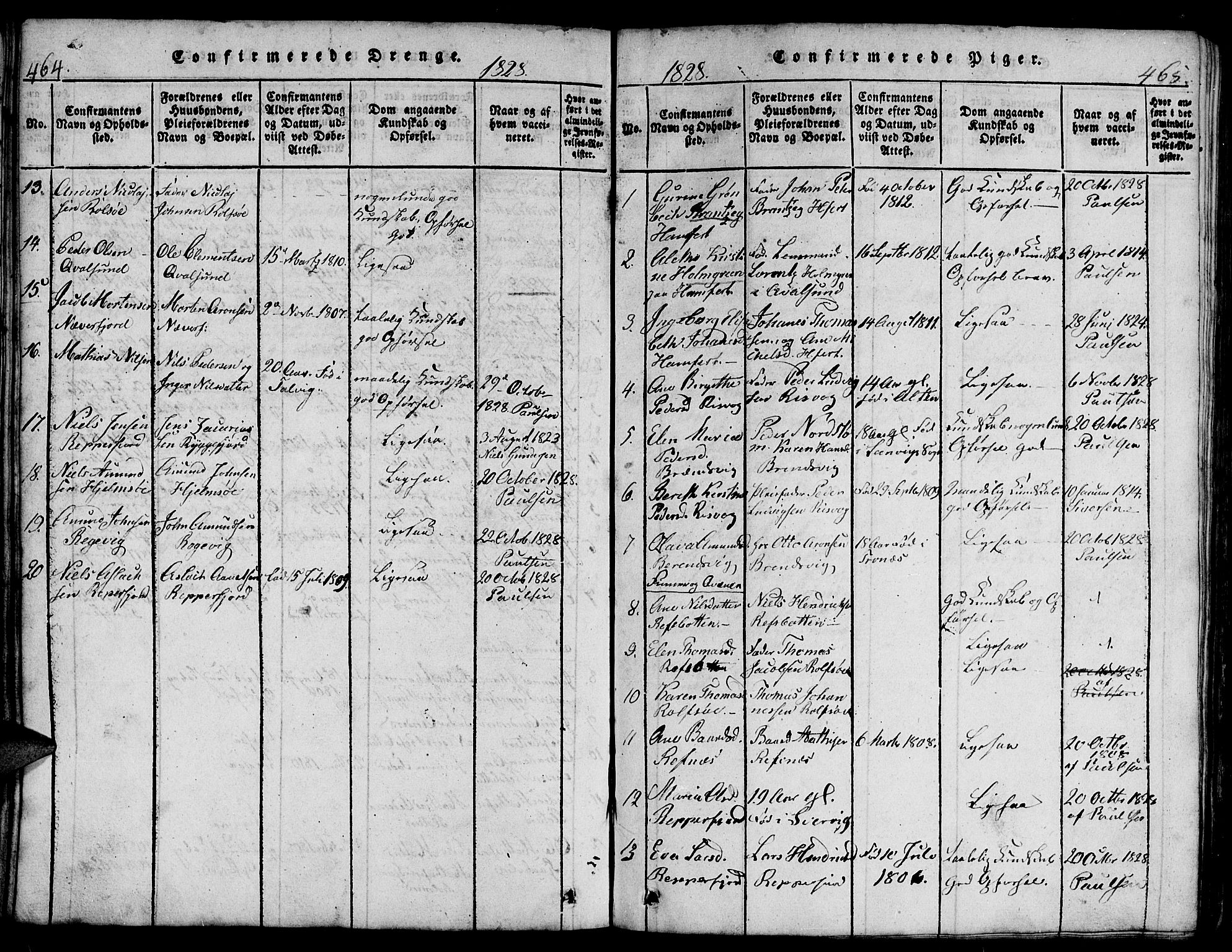 Hammerfest sokneprestkontor, SATØ/S-1347/H/Hb/L0001.klokk: Parish register (copy) no. 1, 1822-1850, p. 464-465