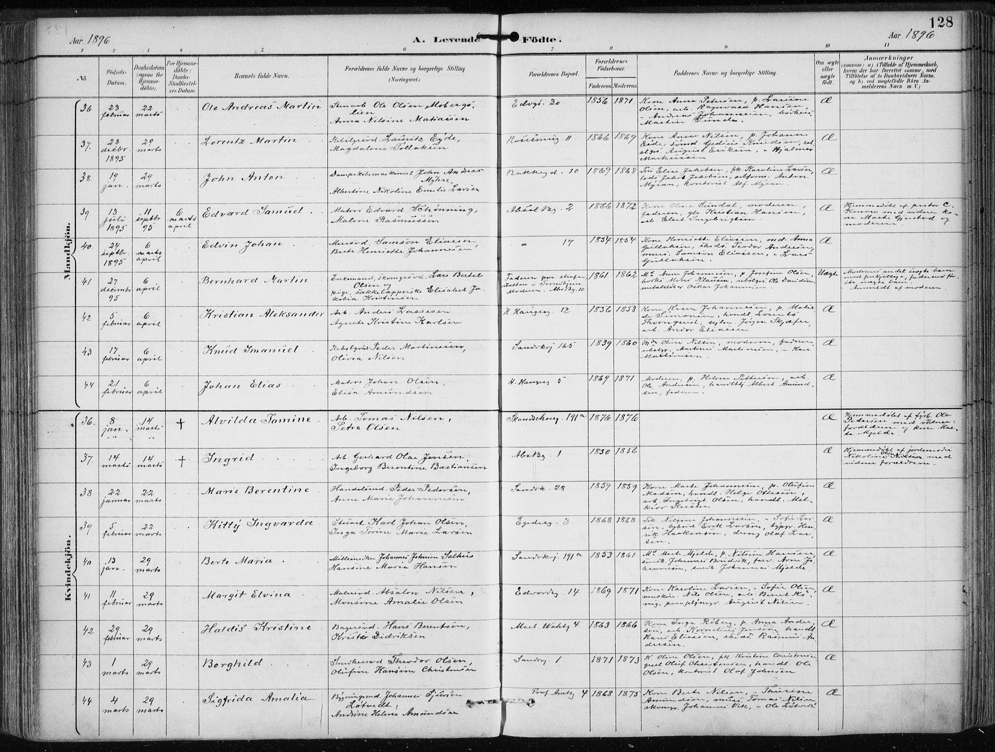 Sandviken Sokneprestembete, AV/SAB-A-77601/H/Ha/L0005: Parish register (official) no. B 2, 1891-1901, p. 128