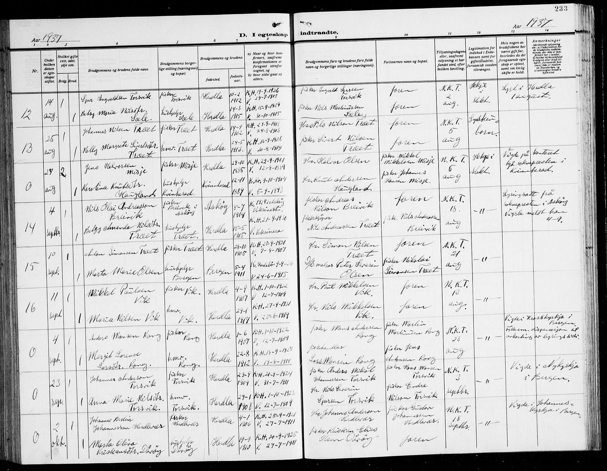 Herdla Sokneprestembete, AV/SAB-A-75701/H/Hab: Parish register (copy) no. C 3, 1926-1940, p. 233