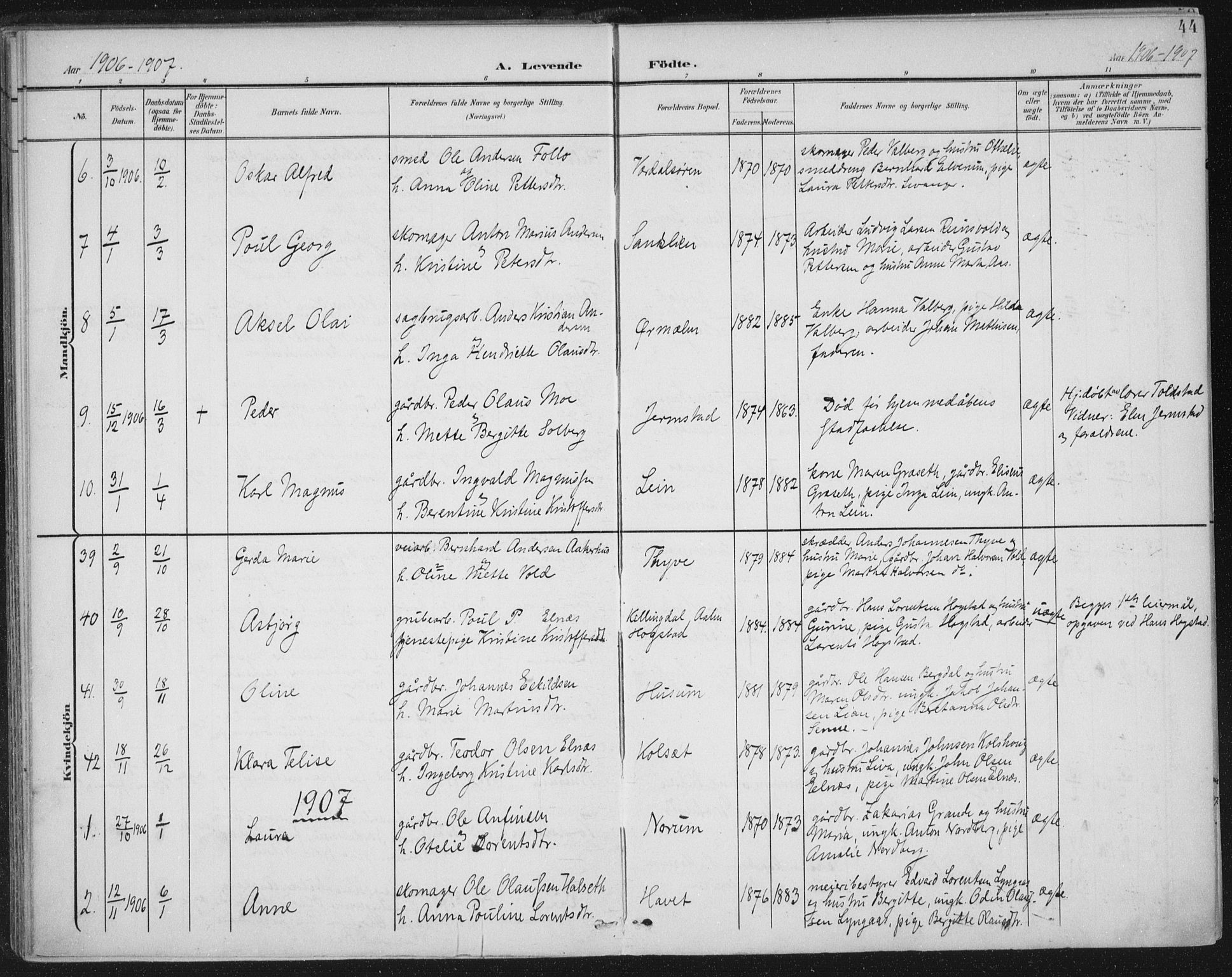 Ministerialprotokoller, klokkerbøker og fødselsregistre - Nord-Trøndelag, SAT/A-1458/723/L0246: Parish register (official) no. 723A15, 1900-1917, p. 44