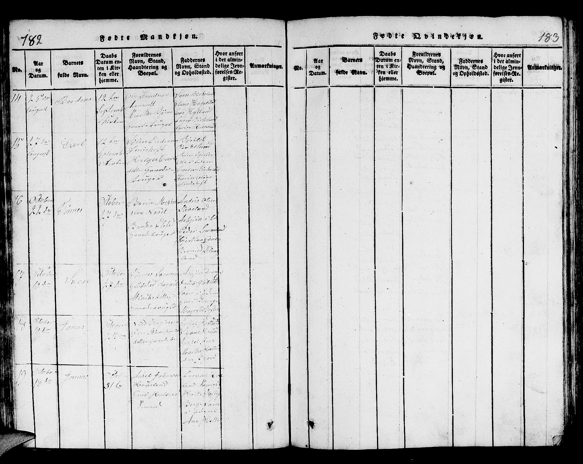 Helleland sokneprestkontor, AV/SAST-A-101810: Parish register (copy) no. B 1, 1815-1841, p. 182-183