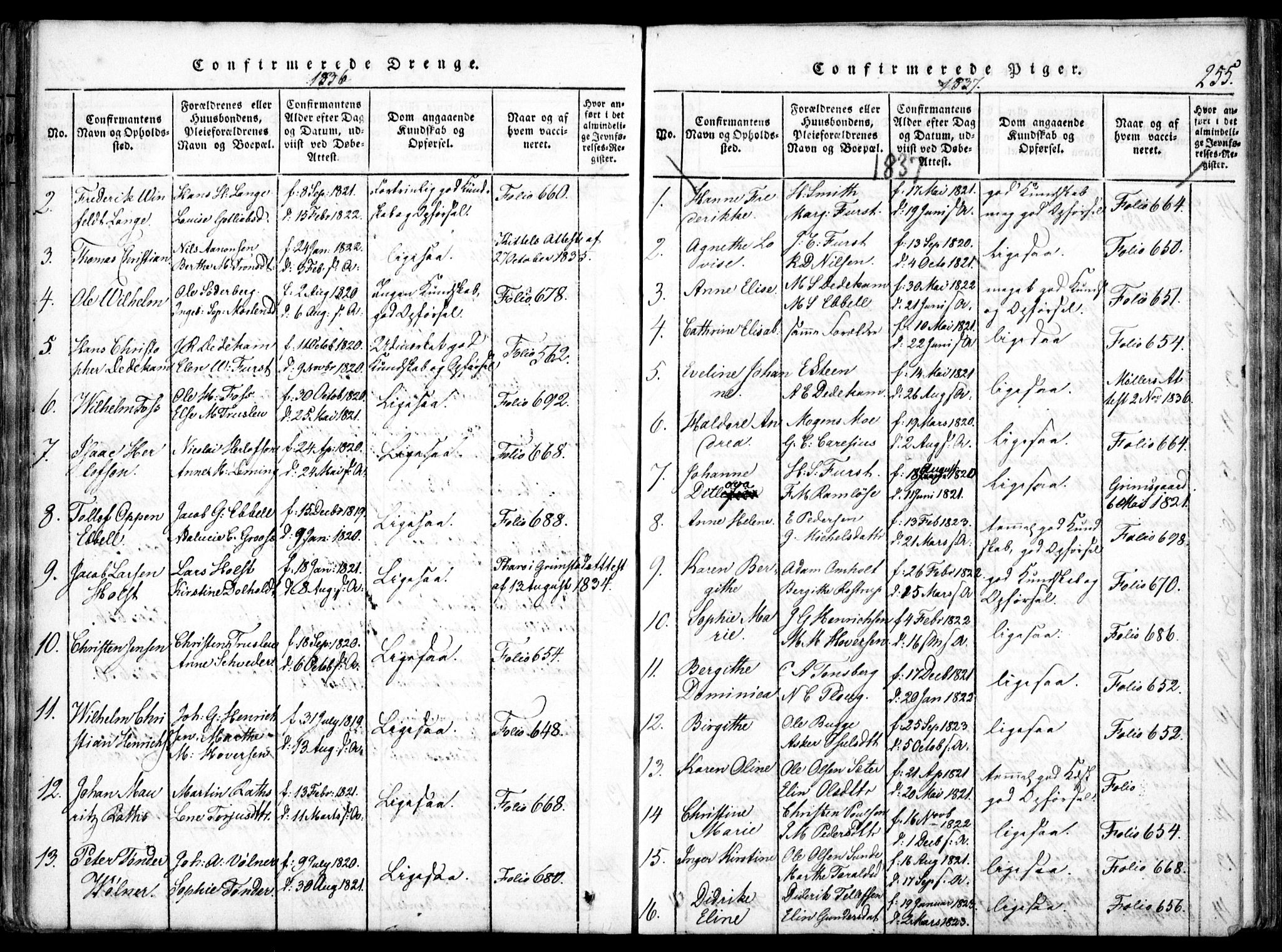 Arendal sokneprestkontor, Trefoldighet, SAK/1111-0040/F/Fa/L0004: Parish register (official) no. A 4, 1816-1839, p. 255