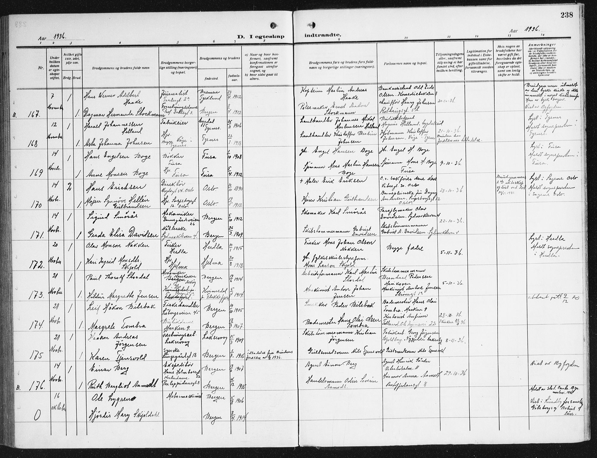 Domkirken sokneprestembete, AV/SAB-A-74801/H/Haa/L0039: Parish register (official) no. D 6, 1921-1937, p. 238