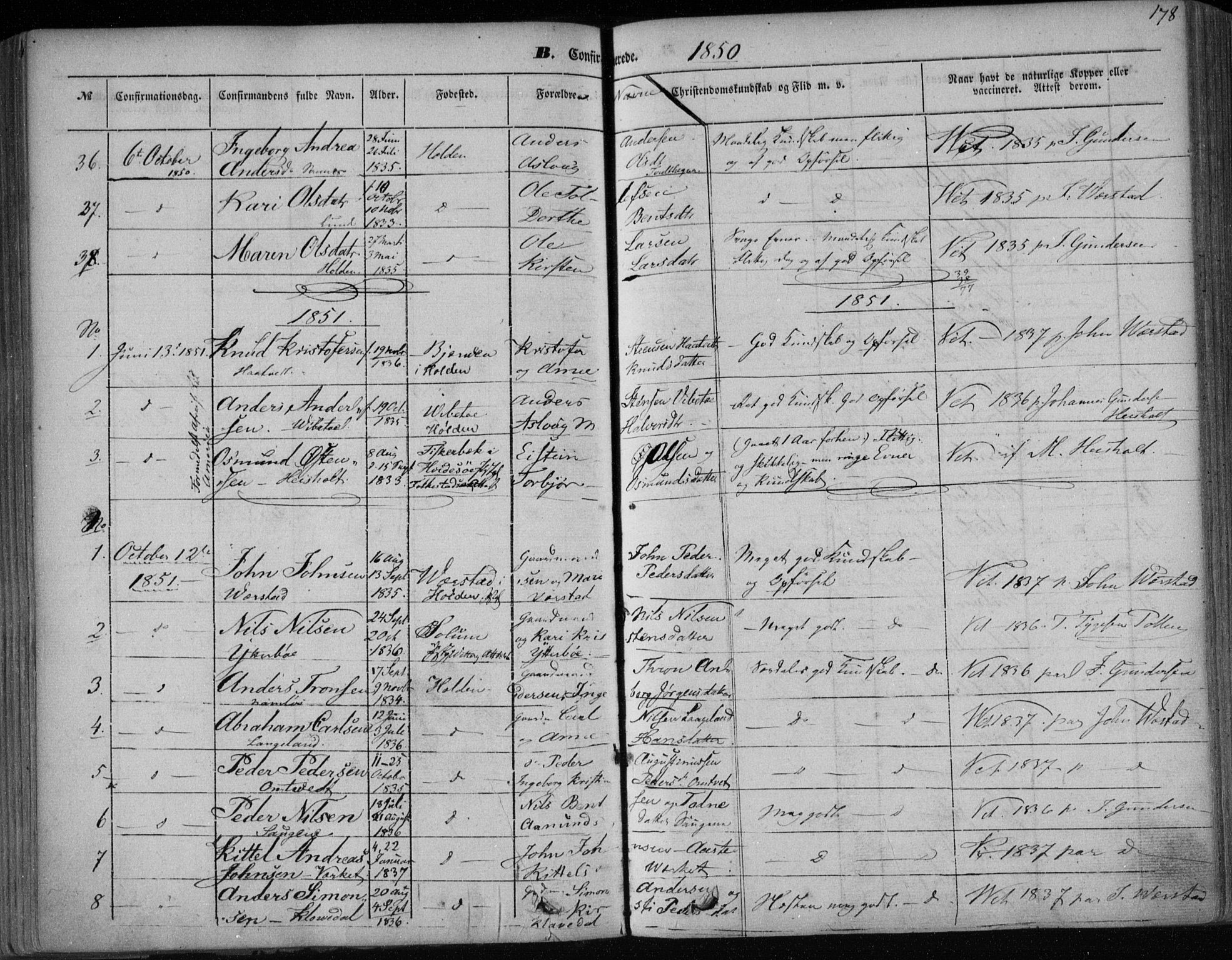 Holla kirkebøker, AV/SAKO-A-272/F/Fa/L0005: Parish register (official) no. 5, 1849-1860, p. 178