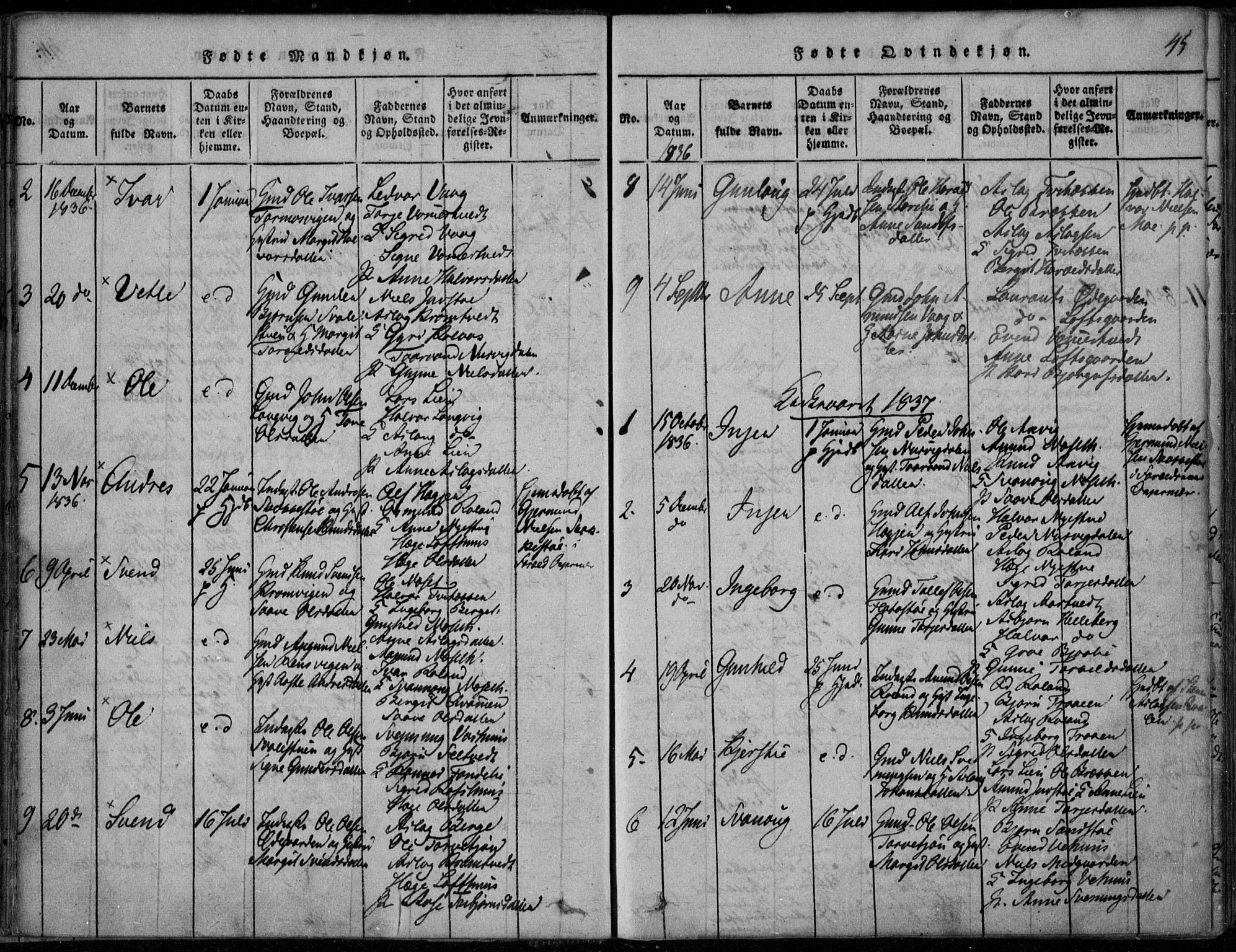 Rauland kirkebøker, SAKO/A-292/F/Fa/L0001: Parish register (official) no. 1, 1814-1859, p. 45