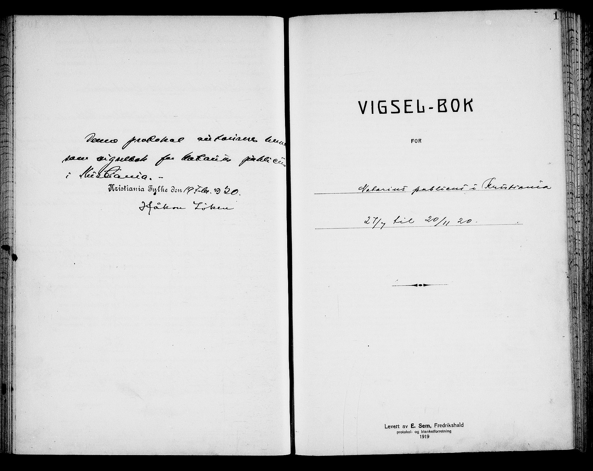 Oslo byfogd avd. I, SAO/A-10220/L/Lb/Lbb/L0014: Notarialprotokoll, rekke II: Vigsler, 1920-1921, p. 1a