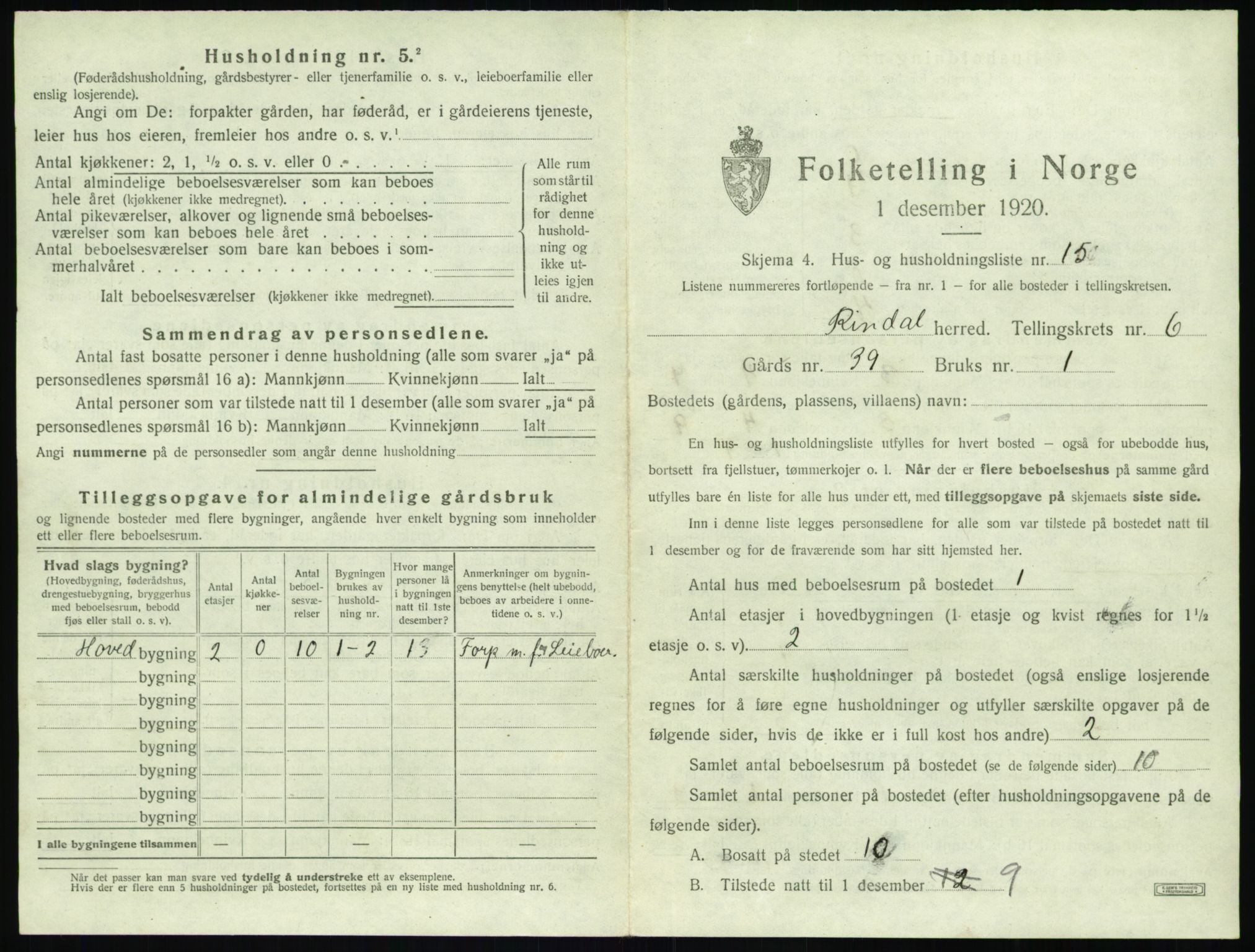 SAT, 1920 census for Rindal, 1920, p. 460