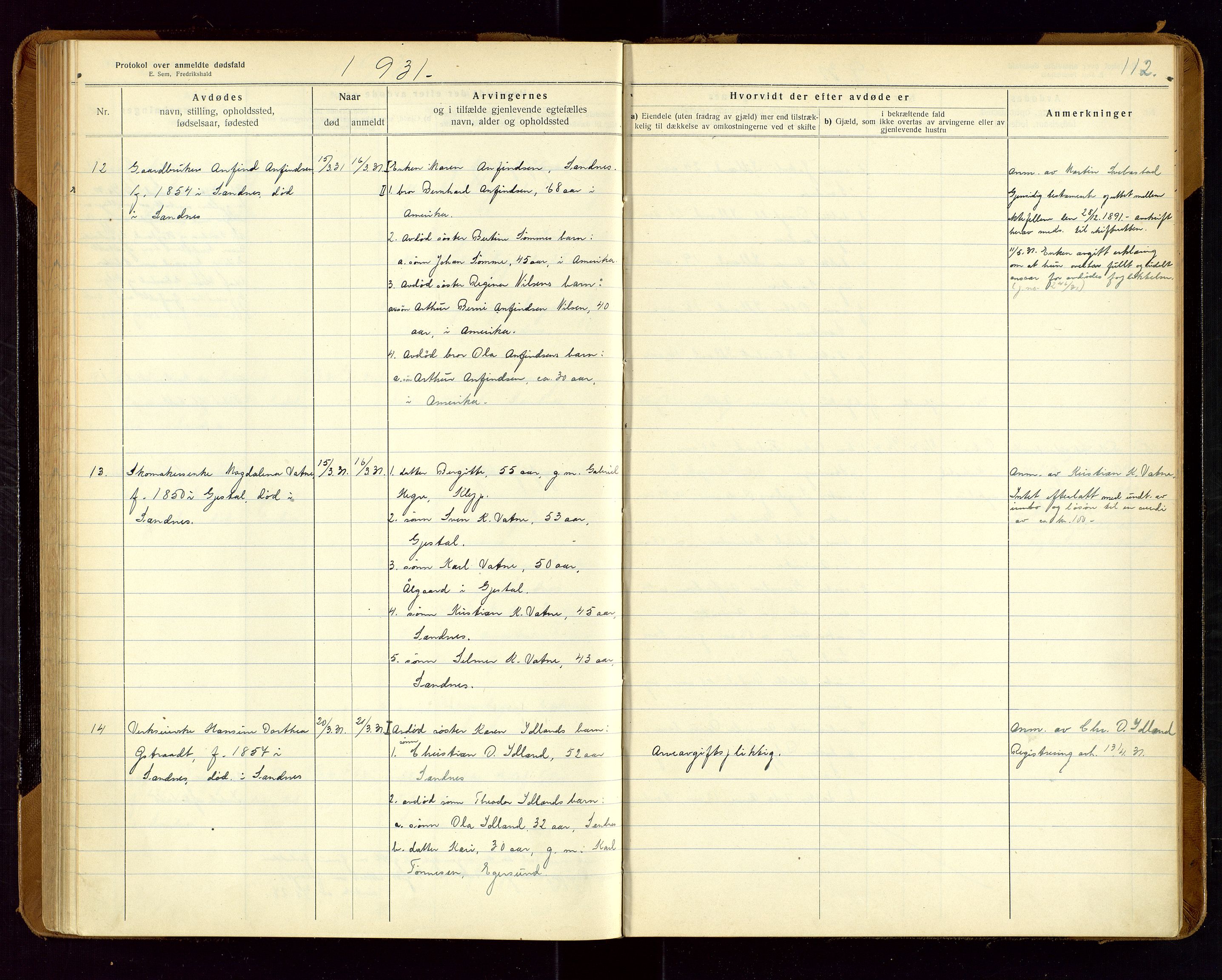 Sandnes lensmannskontor, SAST/A-100167/Gga/L0001: "Protokol over anmeldte dødsfald" m/register, 1918-1940, p. 112