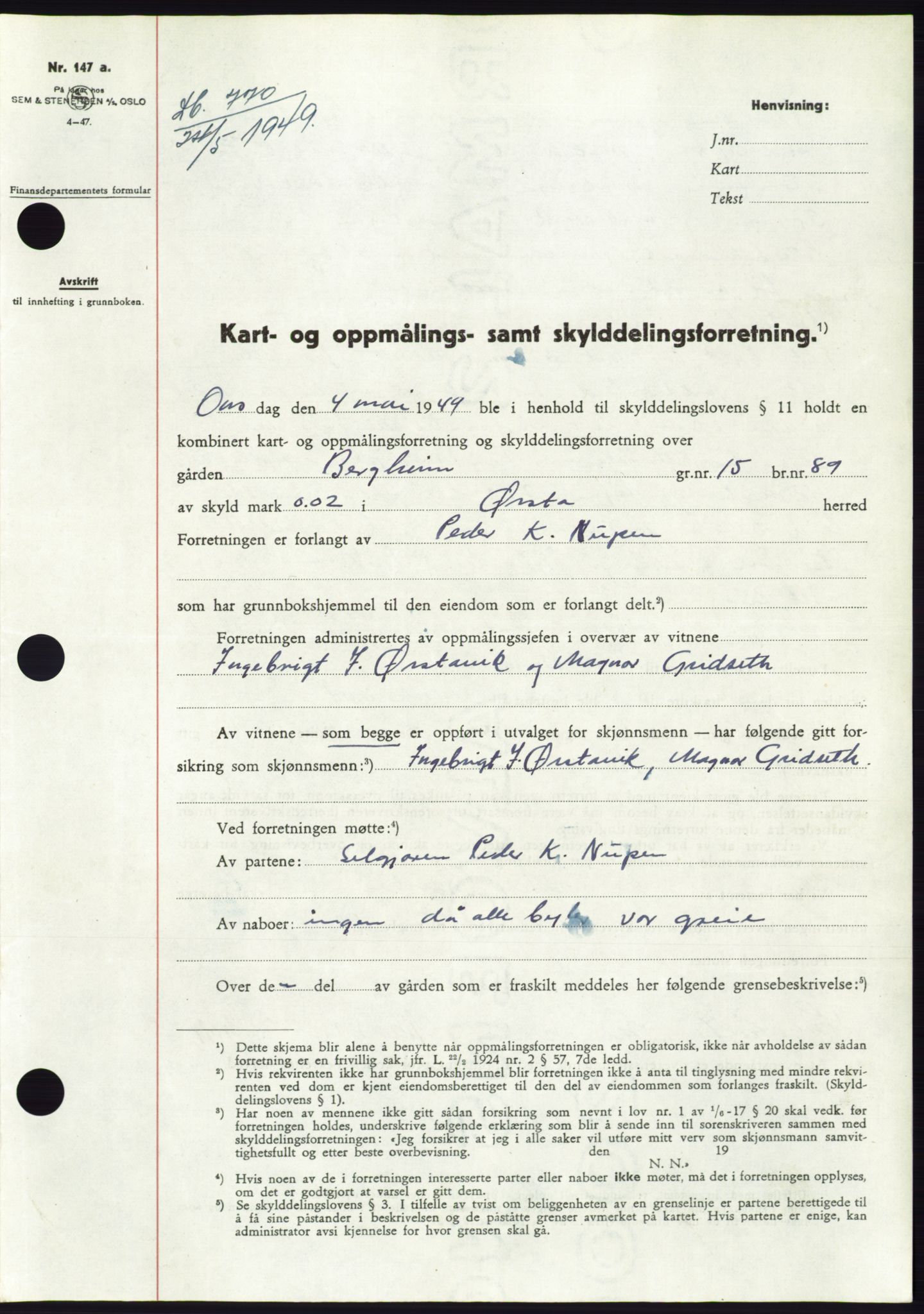 Søre Sunnmøre sorenskriveri, AV/SAT-A-4122/1/2/2C/L0084: Mortgage book no. 10A, 1949-1949, Diary no: : 770/1949