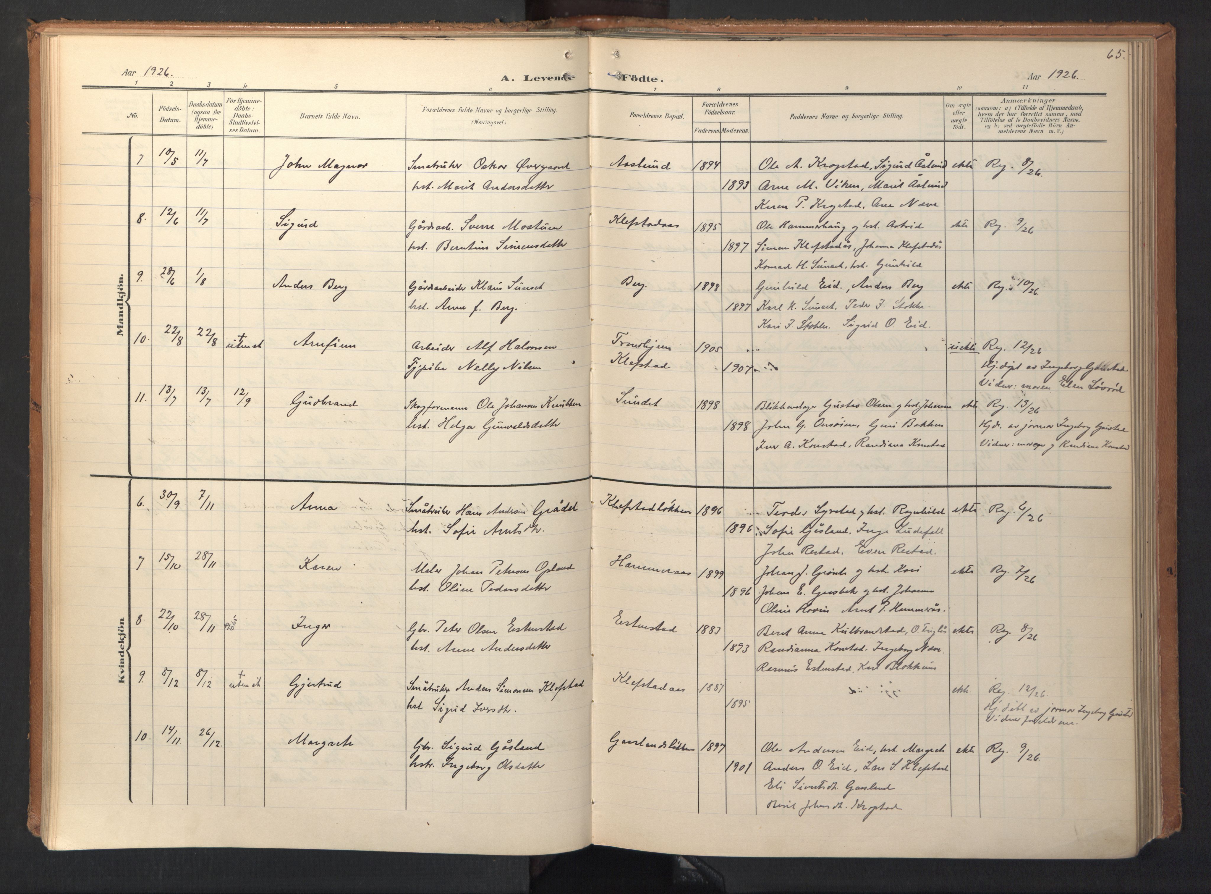 Ministerialprotokoller, klokkerbøker og fødselsregistre - Sør-Trøndelag, SAT/A-1456/694/L1128: Parish register (official) no. 694A02, 1906-1931, p. 65