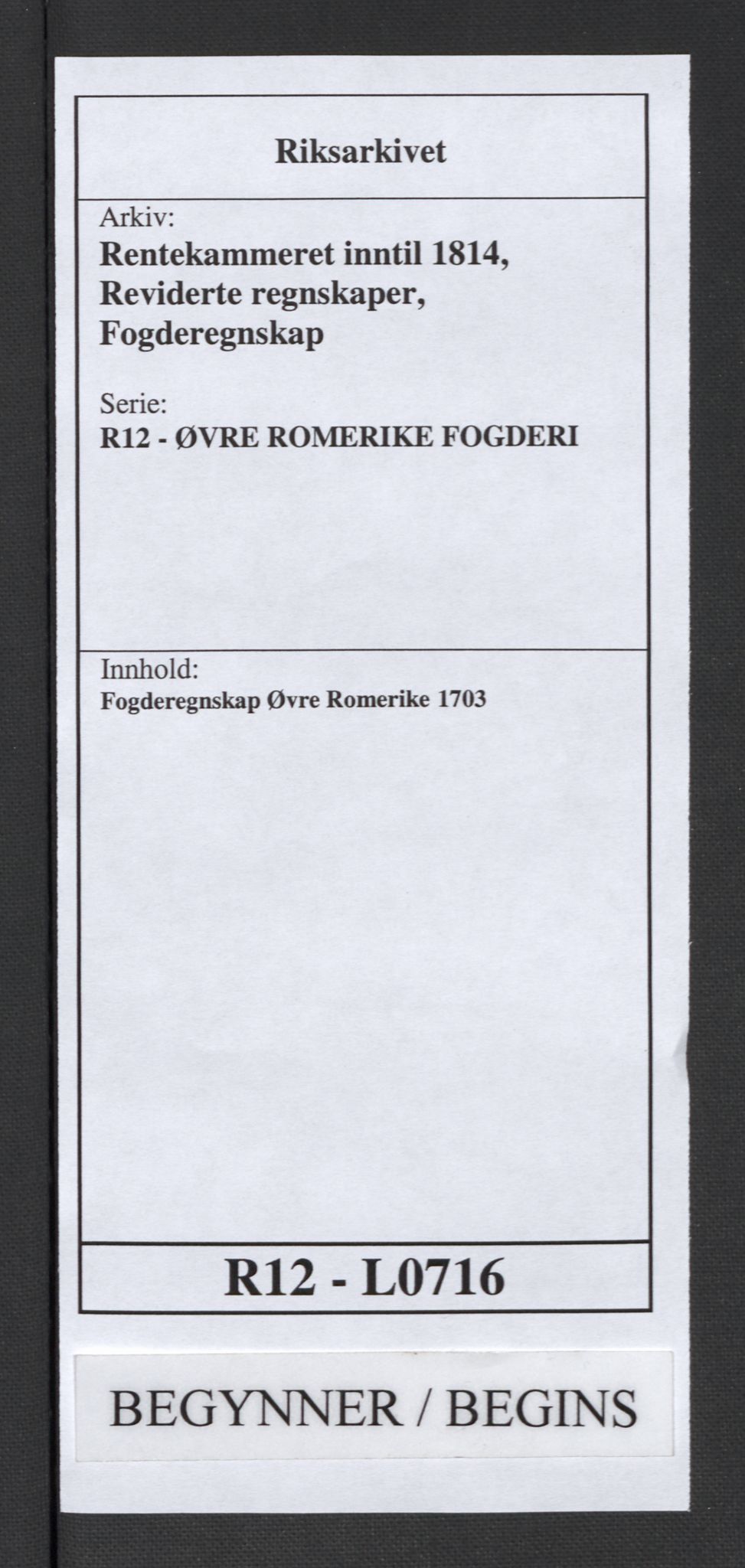 Rentekammeret inntil 1814, Reviderte regnskaper, Fogderegnskap, AV/RA-EA-4092/R12/L0716: Fogderegnskap Øvre Romerike, 1703, p. 1