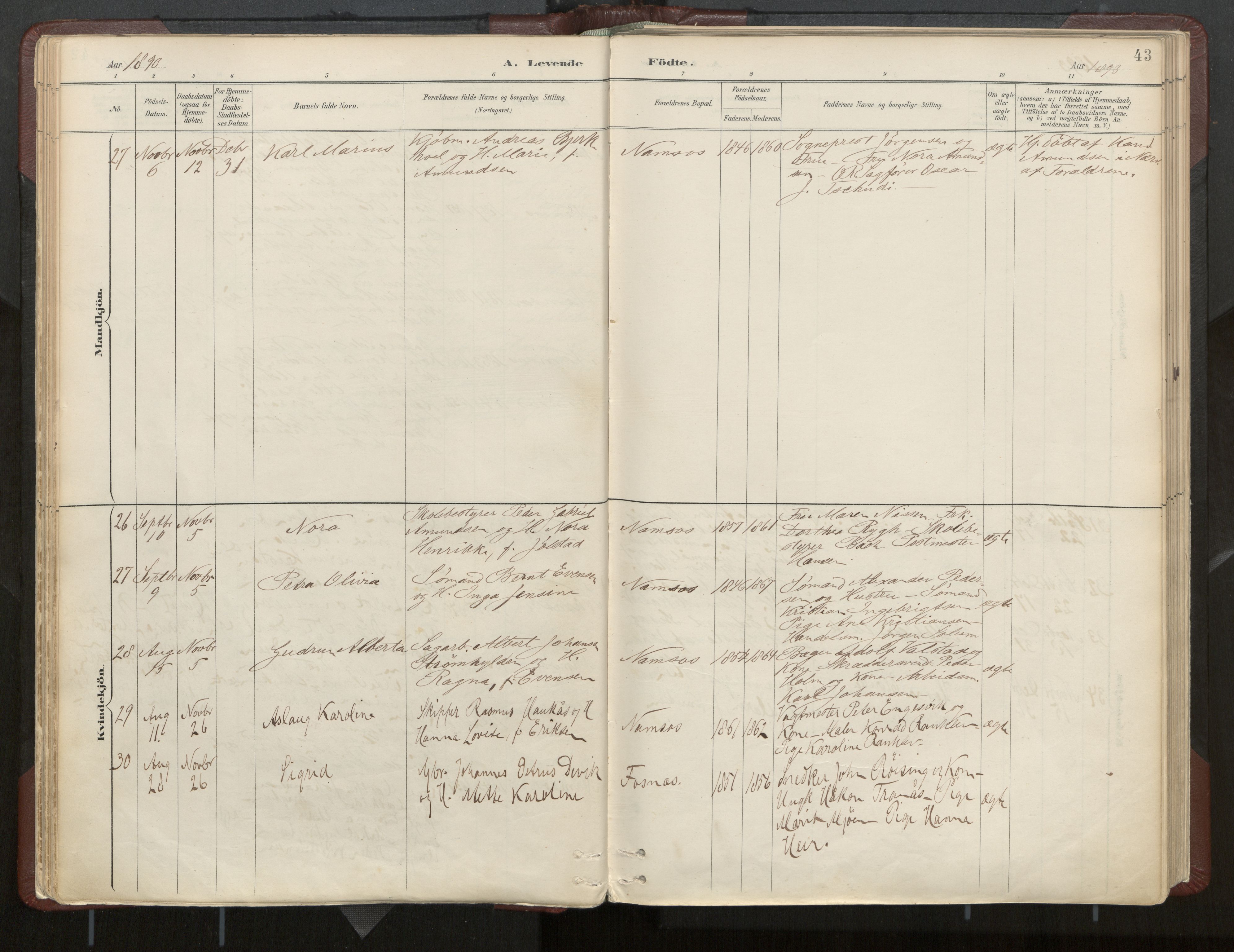 Ministerialprotokoller, klokkerbøker og fødselsregistre - Nord-Trøndelag, AV/SAT-A-1458/768/L0574: Parish register (official) no. 768A08, 1887-1927, p. 43