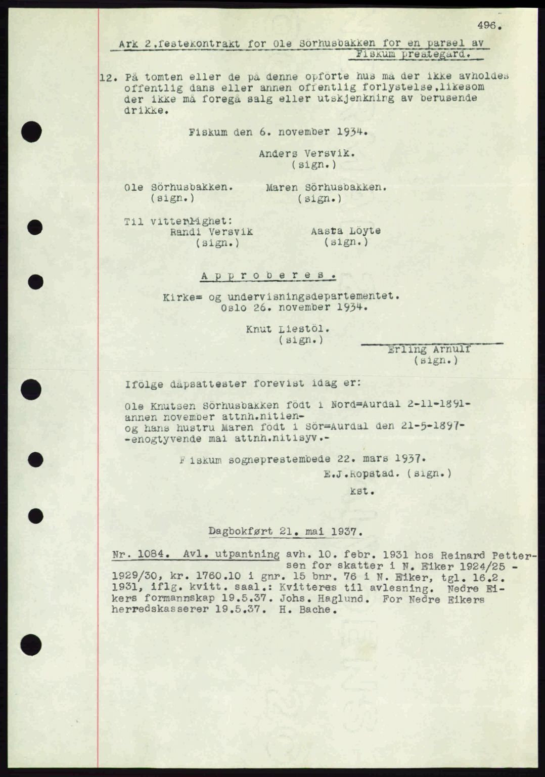 Eiker, Modum og Sigdal sorenskriveri, SAKO/A-123/G/Ga/Gab/L0035: Mortgage book no. A5, 1937-1937, Diary no: : 1084/1937
