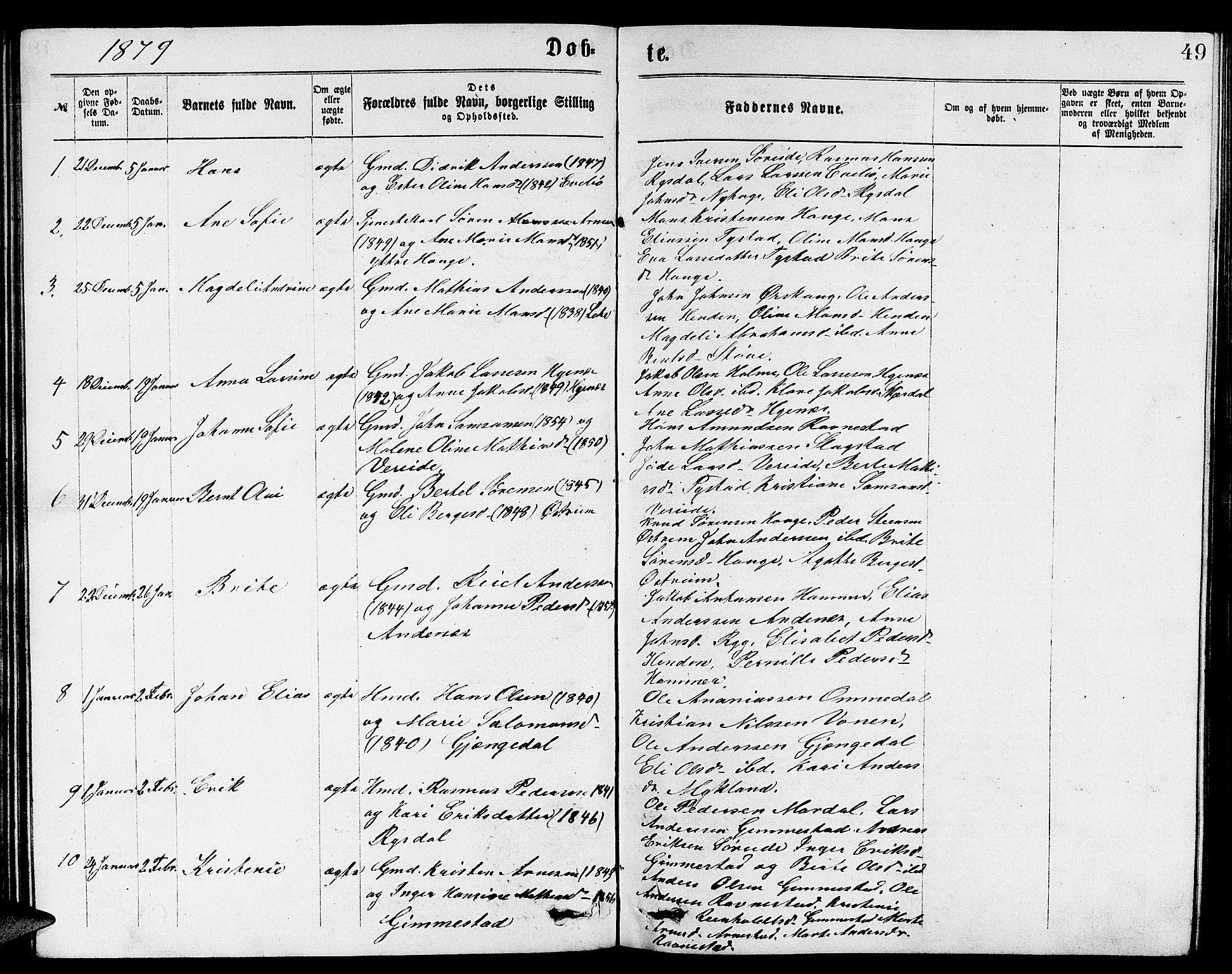 Gloppen sokneprestembete, AV/SAB-A-80101/H/Hab/Habb/L0001: Parish register (copy) no. B 1, 1872-1888, p. 49