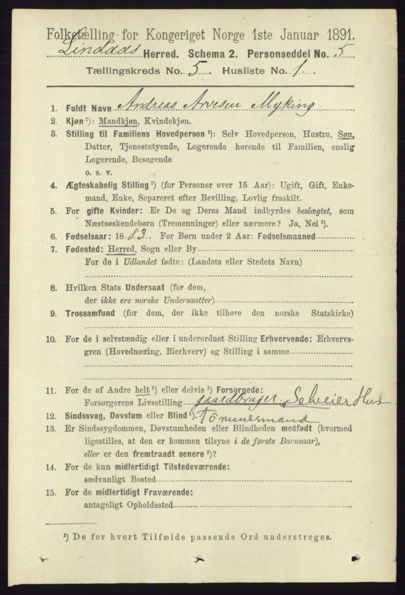 RA, 1891 census for 1263 Lindås, 1891, p. 1449