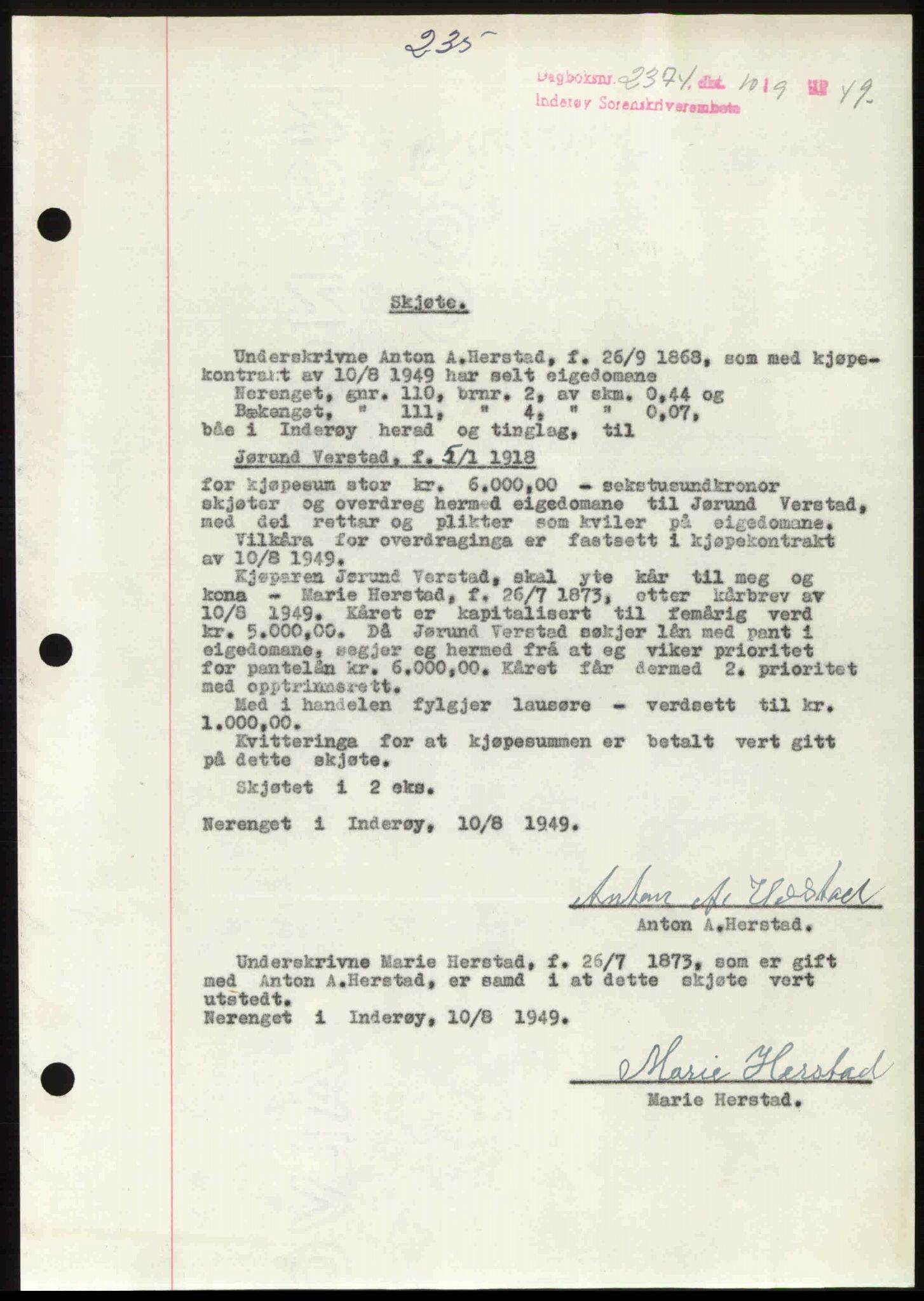 Inderøy sorenskriveri, AV/SAT-A-4147/1/2/2C: Mortgage book no. A 21, 1949-1949, Diary no: : 2374/1949