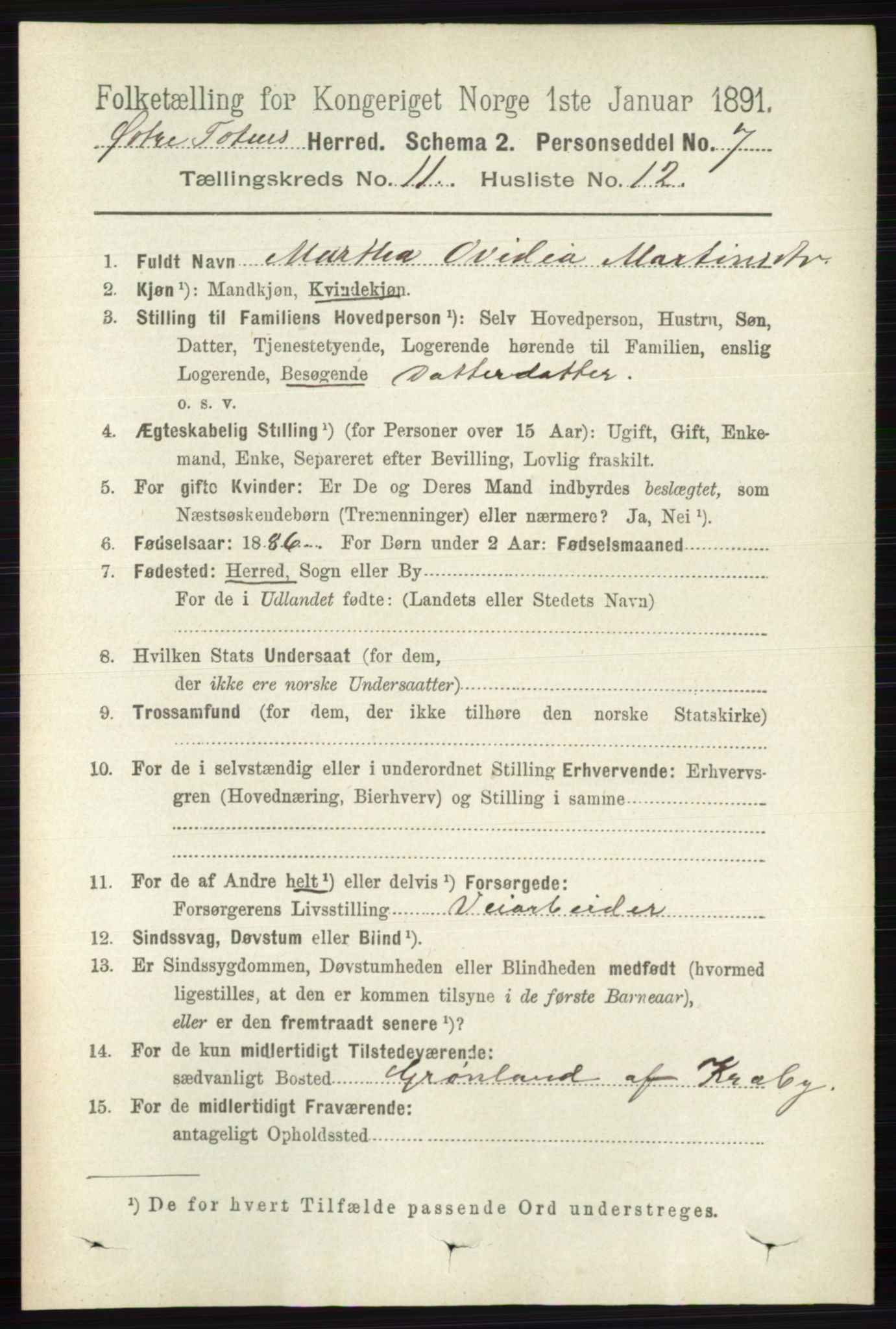 RA, 1891 census for 0528 Østre Toten, 1891, p. 7014