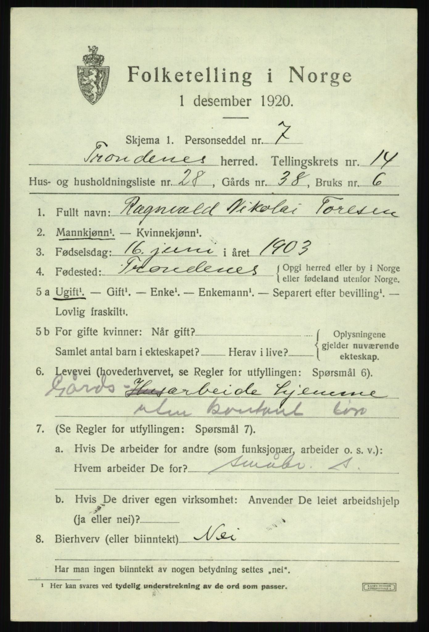 SATØ, 1920 census for Trondenes, 1920, p. 10295