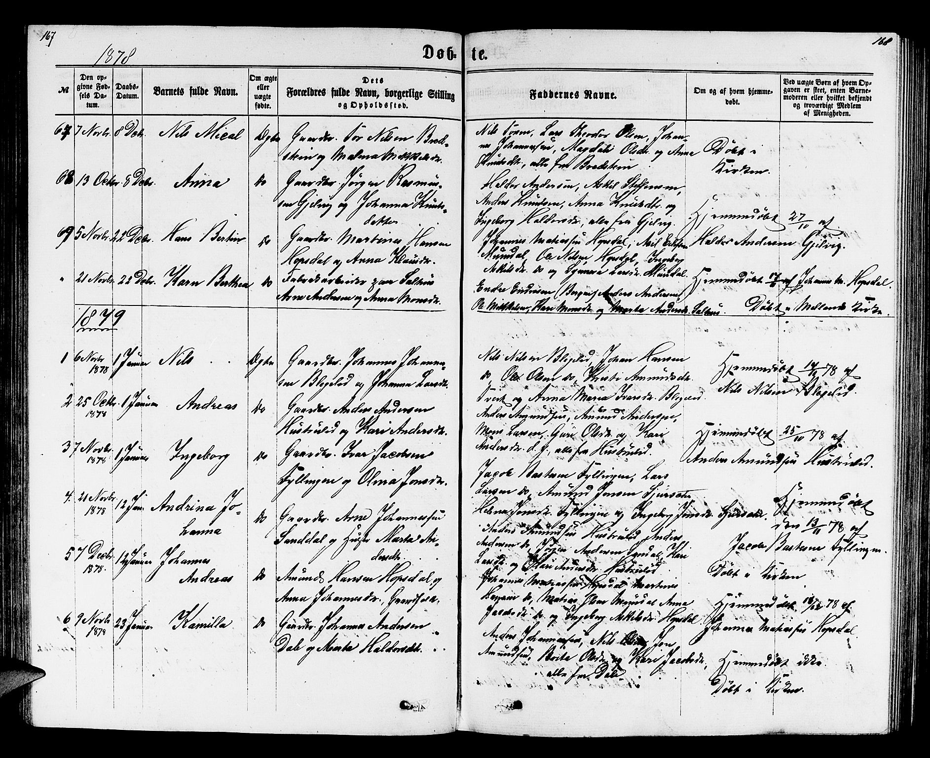 Hamre sokneprestembete, SAB/A-75501/H/Ha/Hab: Parish register (copy) no. B 2, 1863-1880, p. 167-168