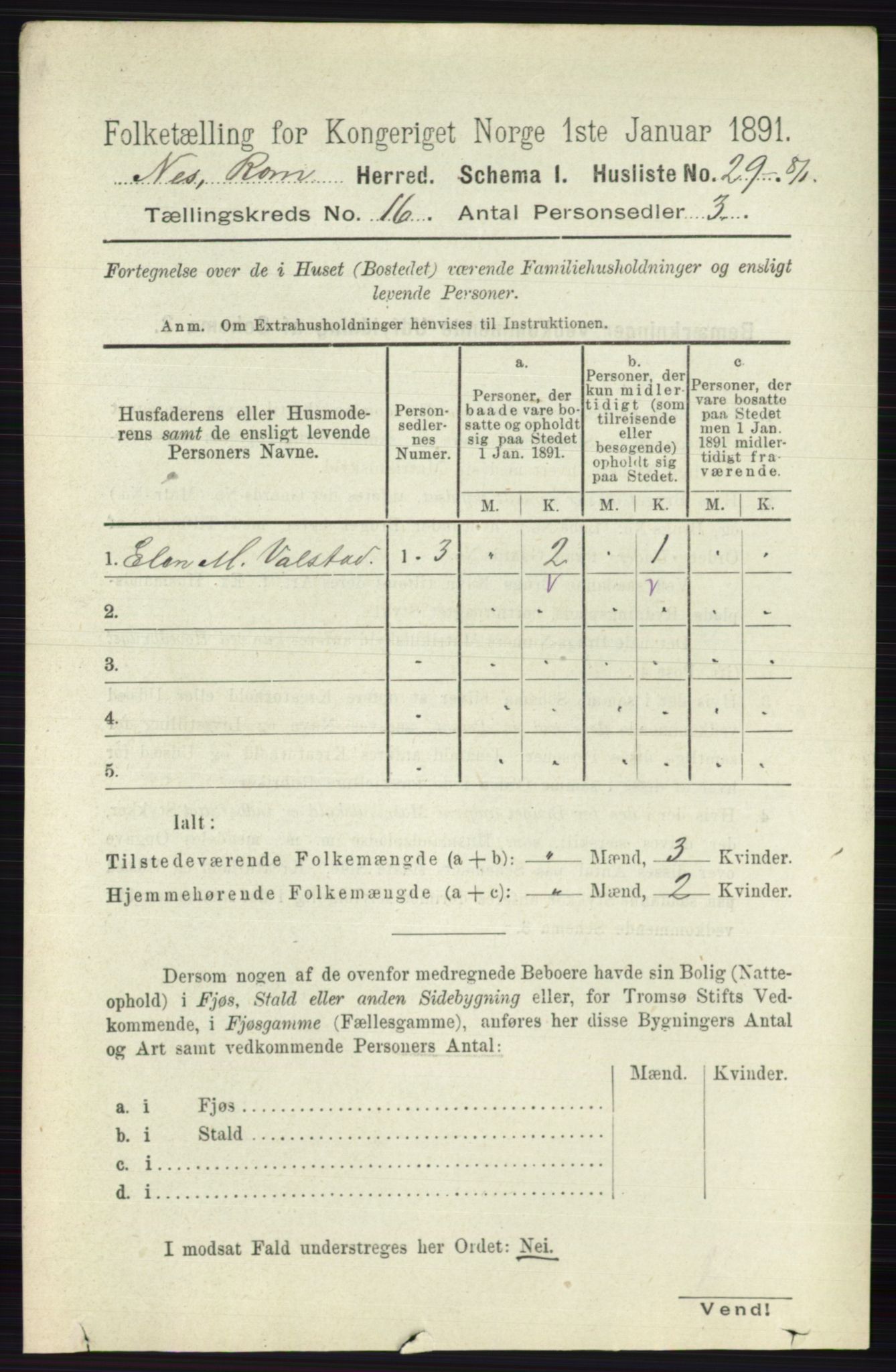 RA, 1891 census for 0236 Nes, 1891, p. 9527