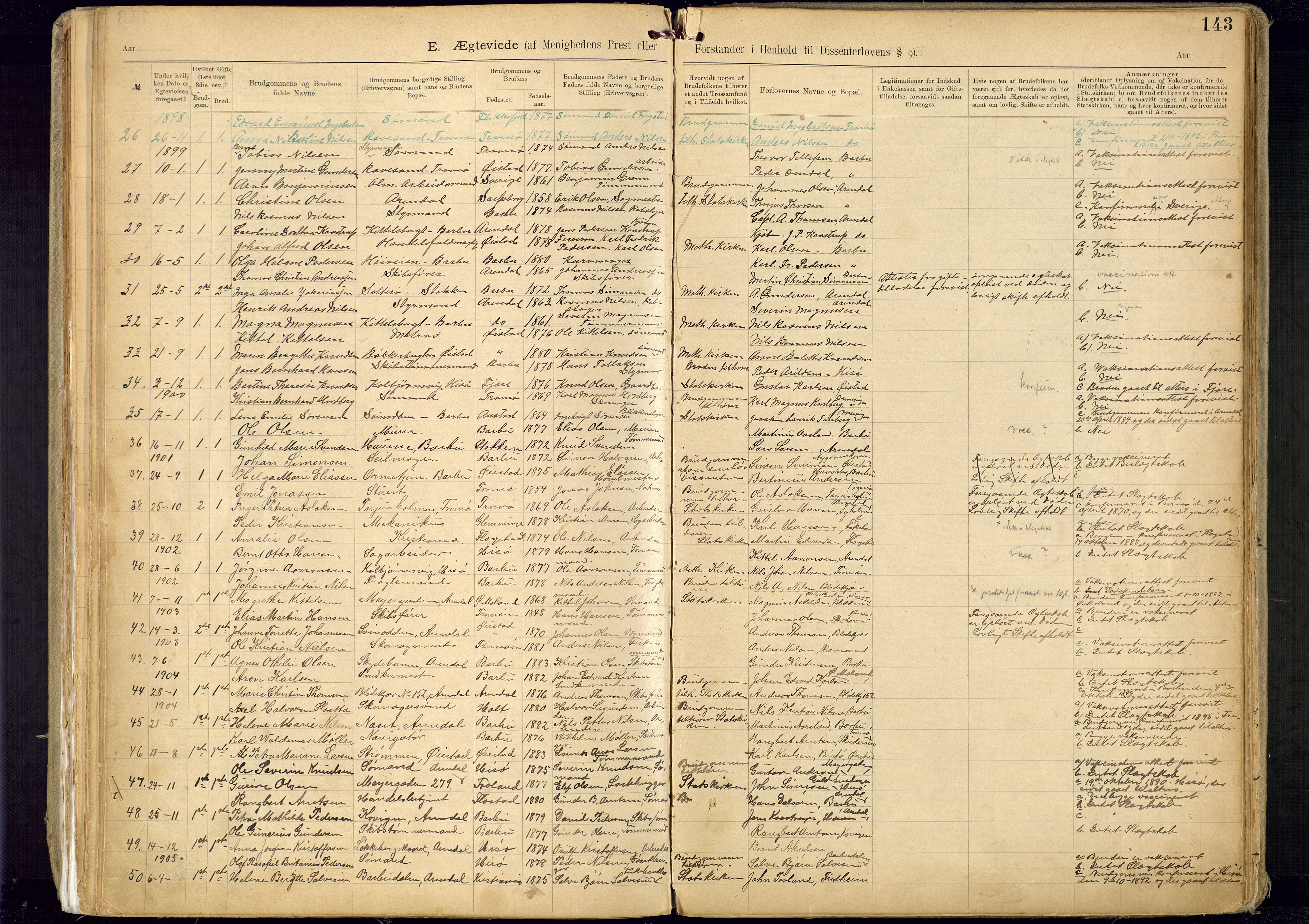 Metodistmenigheten, Arendal, SAK/1292-0011/F/Fa/L0005: Dissenter register no. 5, 1892-1942, p. 143
