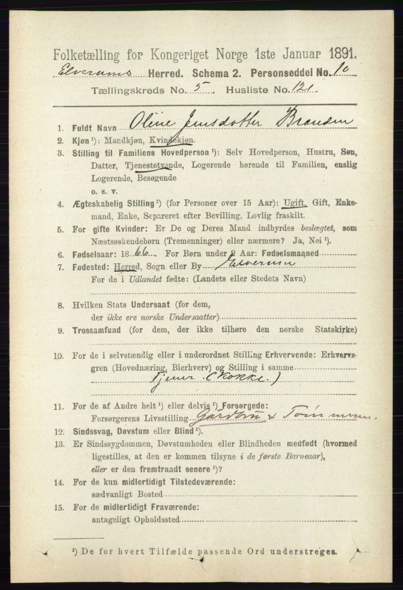 RA, 1891 census for 0427 Elverum, 1891, p. 3987