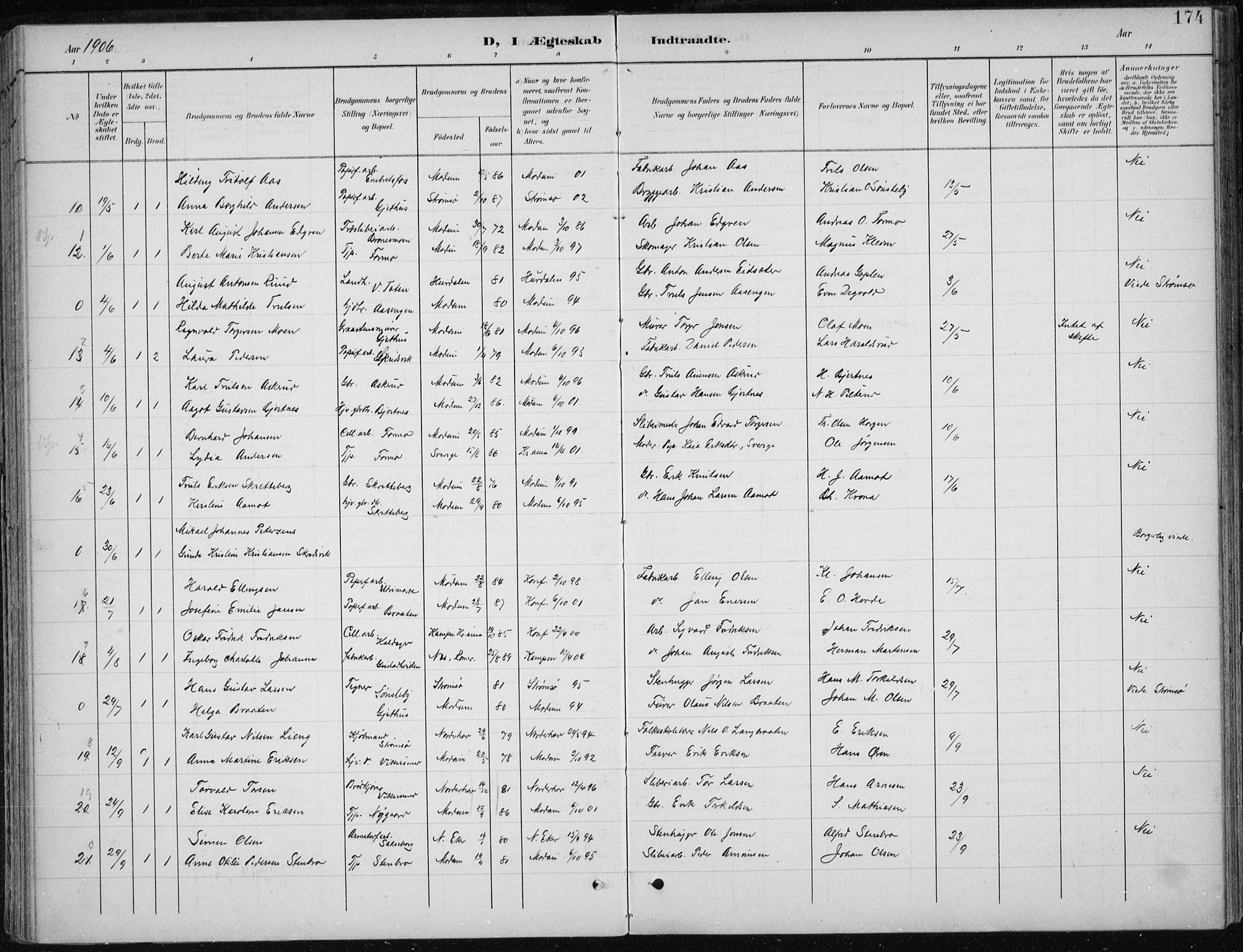 Modum kirkebøker, AV/SAKO-A-234/F/Fa/L0013: Parish register (official) no. 13, 1899-1907, p. 174