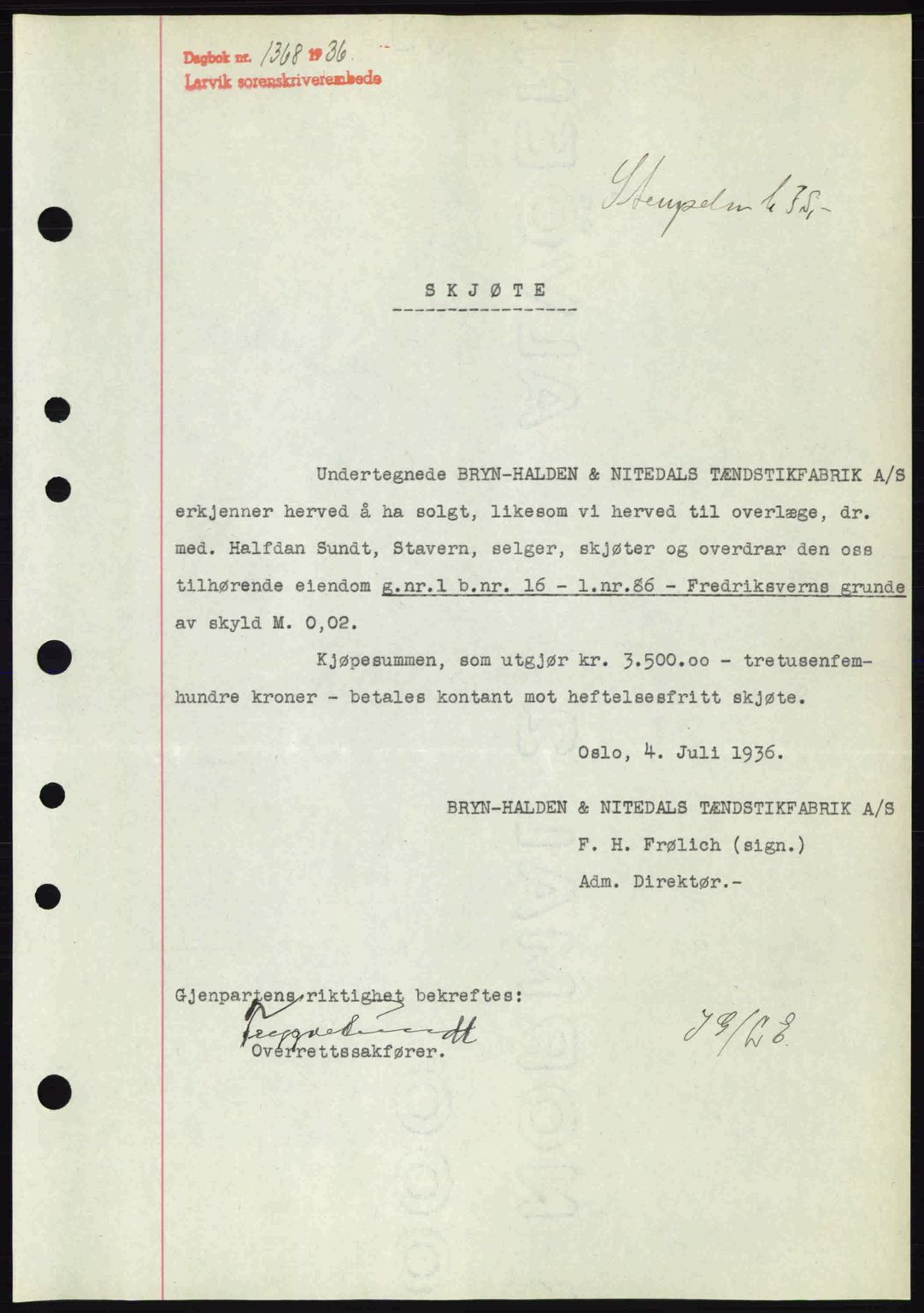 Larvik sorenskriveri, SAKO/A-83/G/Ga/Gab/L0067: Mortgage book no. A-1, 1936-1937, Diary no: : 1368/1936