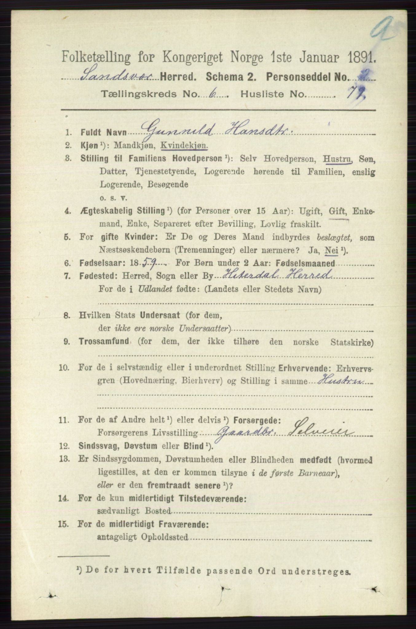 RA, 1891 census for 0629 Sandsvær, 1891, p. 3903
