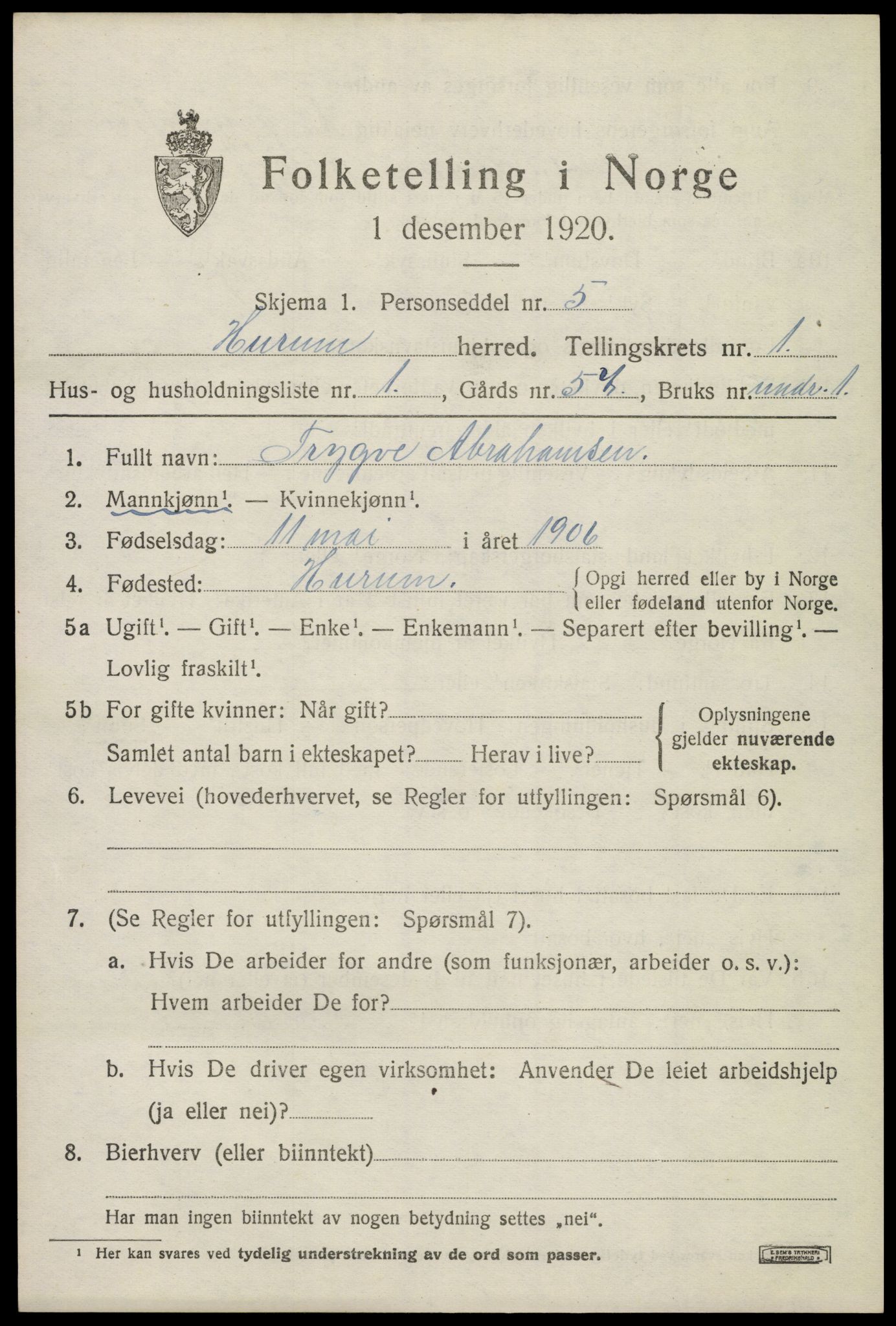 SAKO, 1920 census for Hurum, 1920, p. 1798