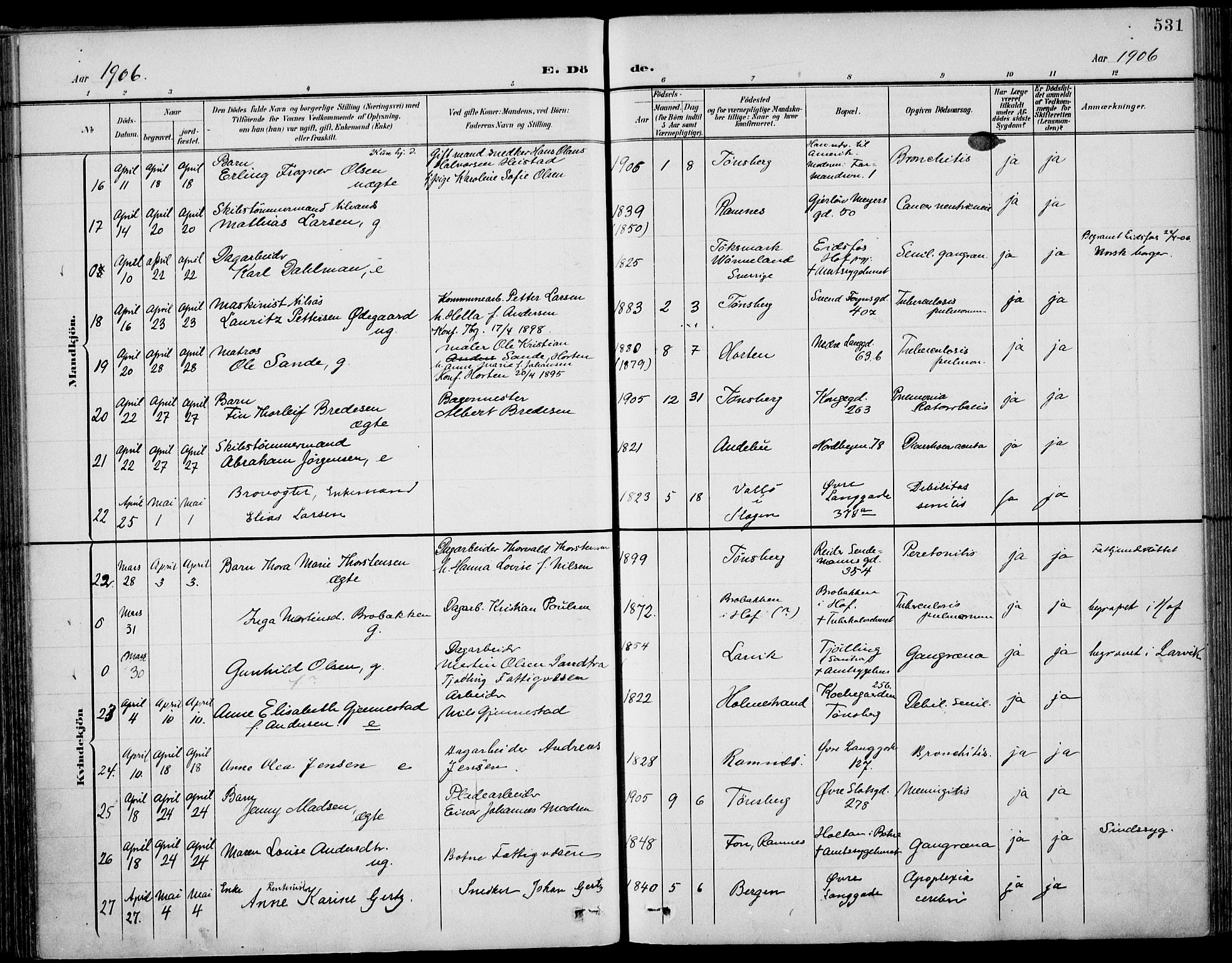 Tønsberg kirkebøker, AV/SAKO-A-330/F/Fa/L0013: Parish register (official) no. I 13, 1900-1913, p. 531