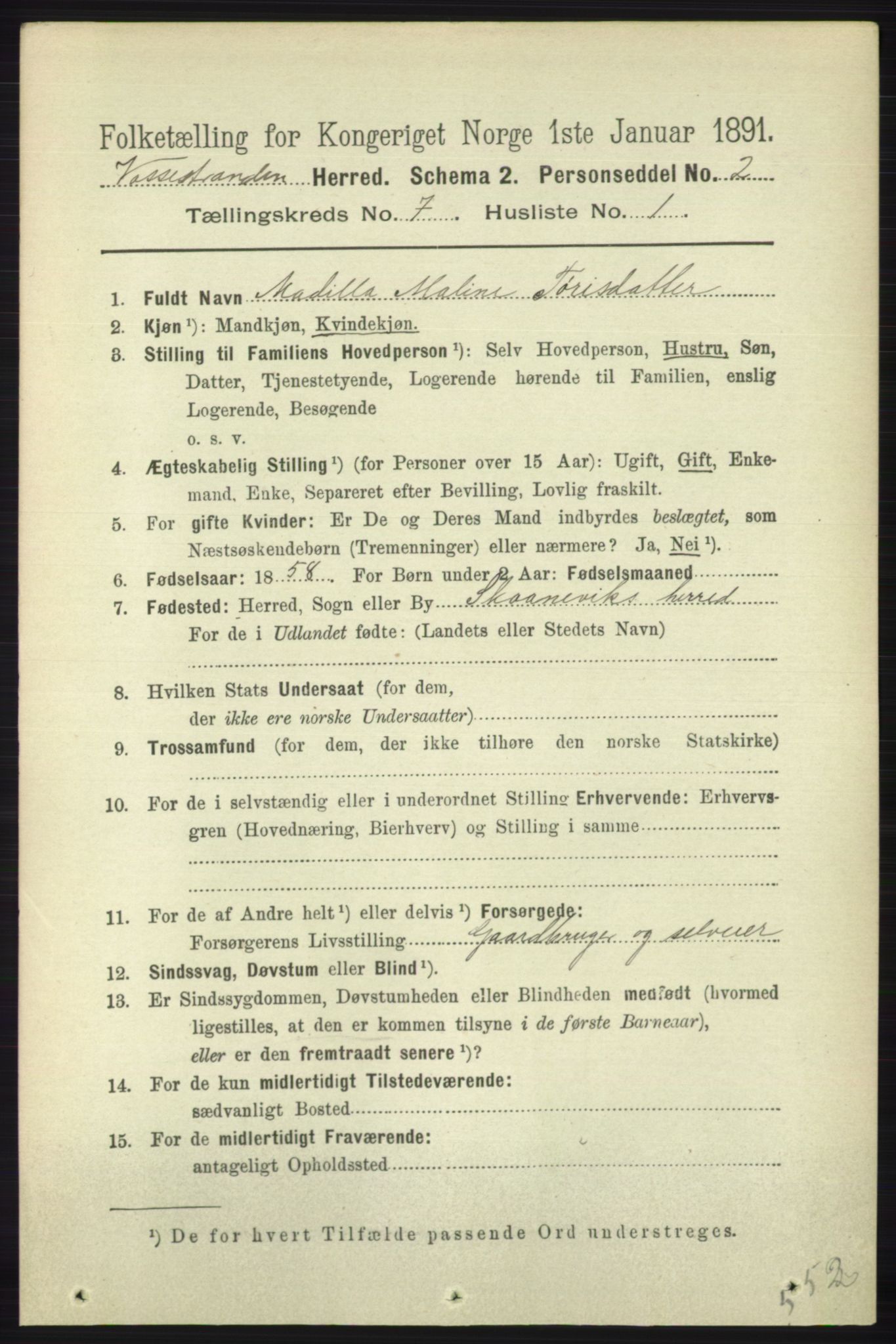 RA, 1891 census for 1236 Vossestrand, 1891, p. 2327