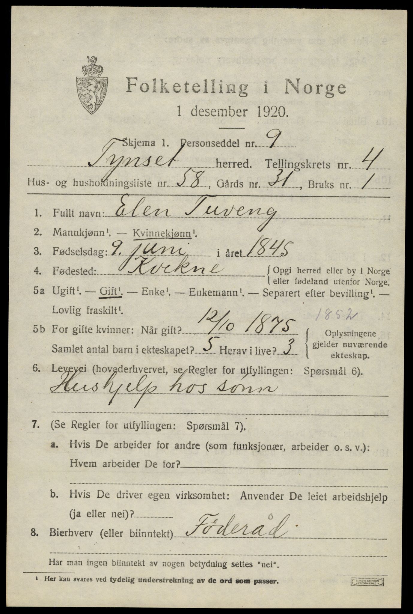 SAH, 1920 census for Tynset, 1920, p. 3948