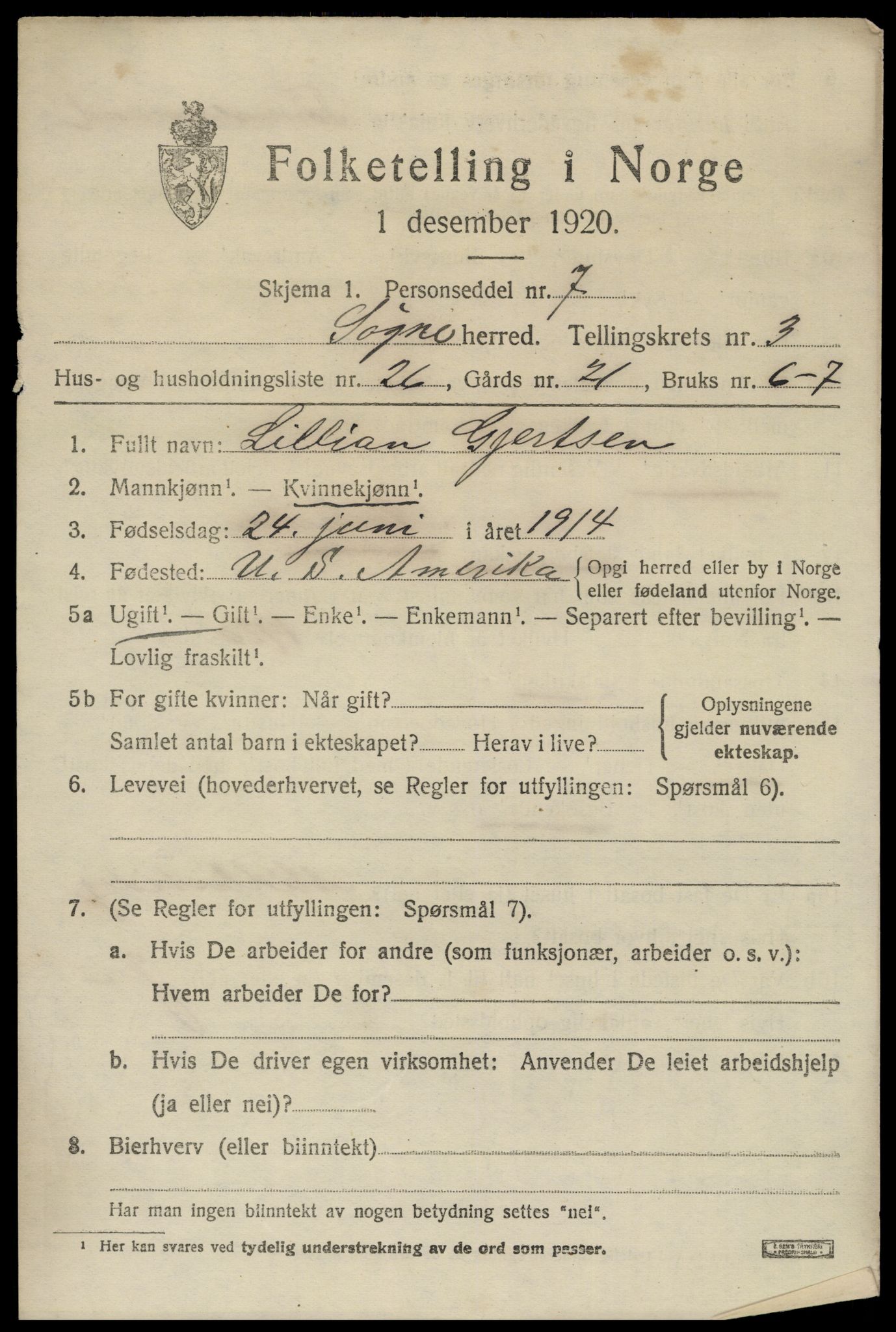 SAK, 1920 census for Søgne, 1920, p. 1863