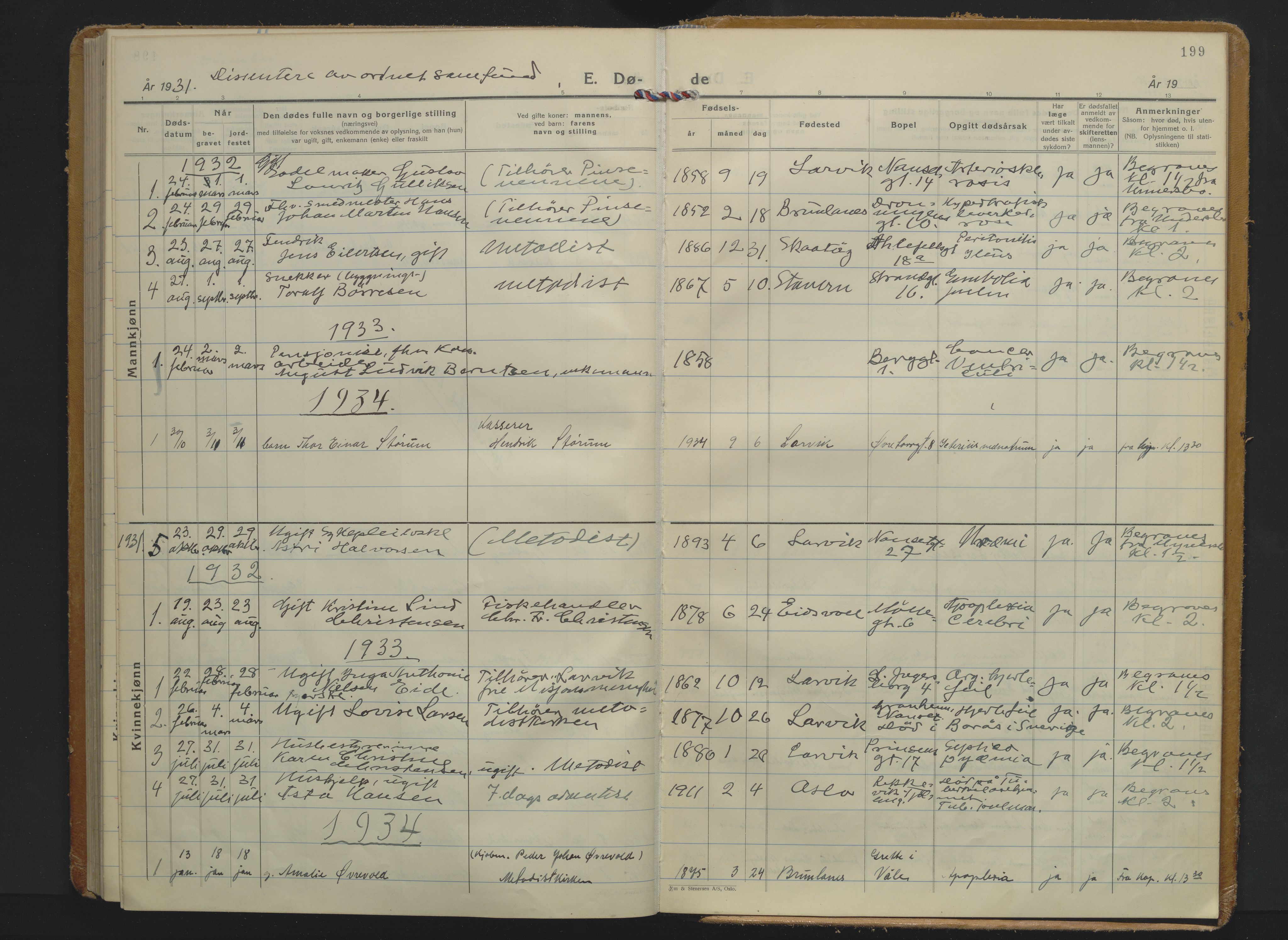 Larvik kirkebøker, AV/SAKO-A-352/F/Fa/L0017: Parish register (official) no. I 17, 1931-1959, p. 199