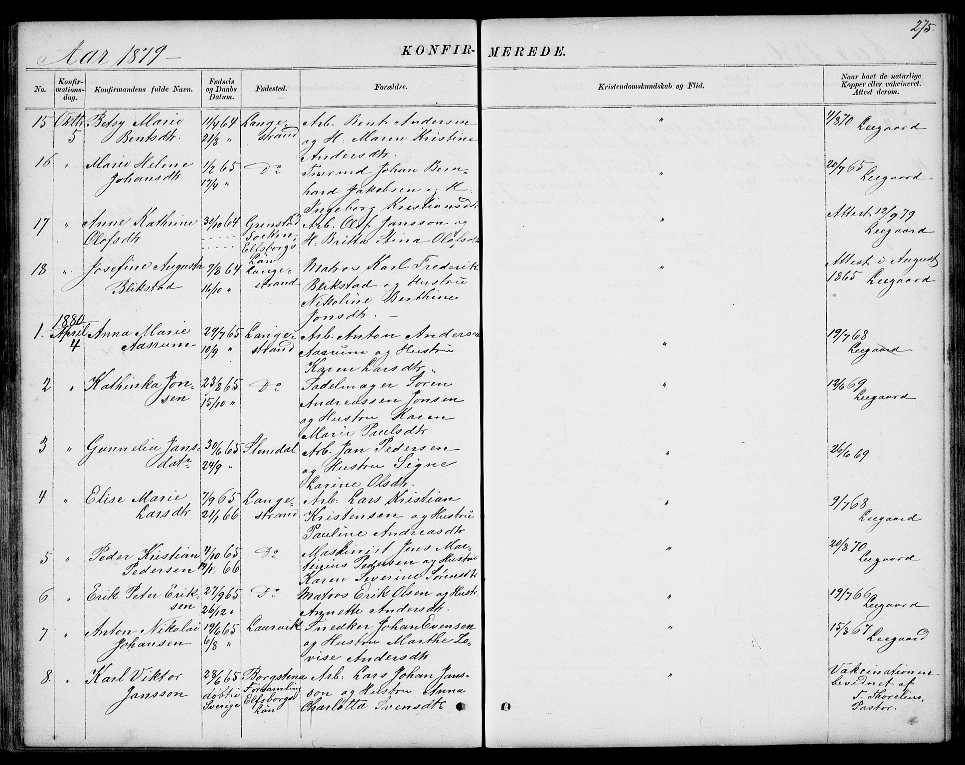 Larvik kirkebøker, SAKO/A-352/G/Gb/L0003: Parish register (copy) no. II 3, 1867-1899, p. 275