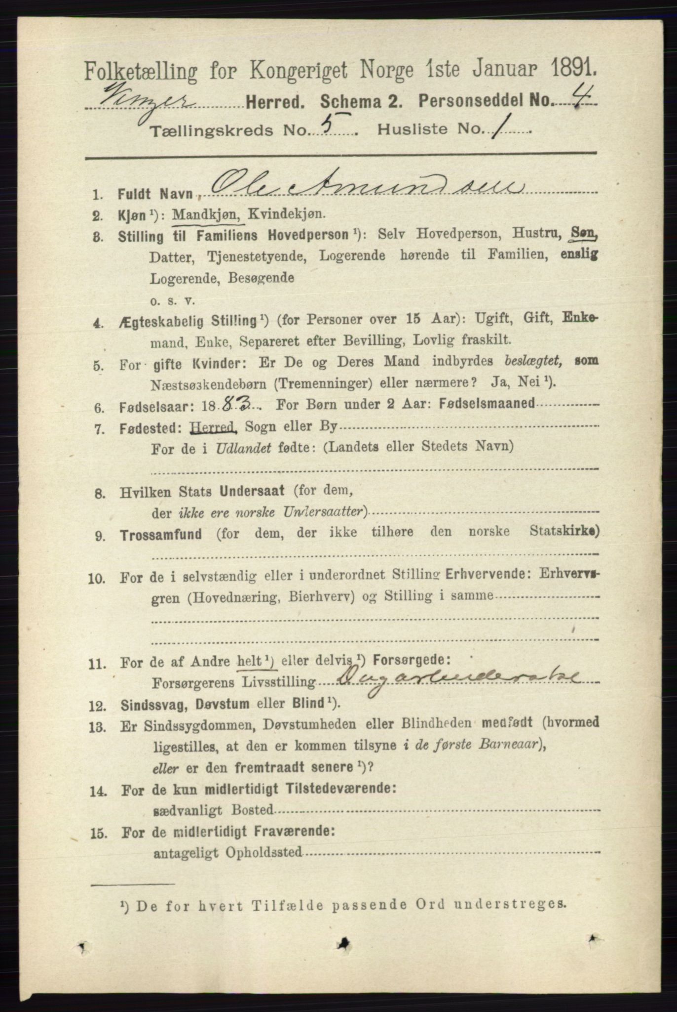 RA, 1891 census for 0421 Vinger, 1891, p. 2050