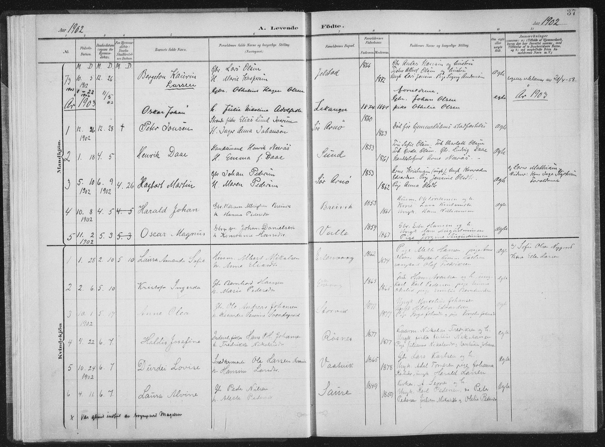 Ministerialprotokoller, klokkerbøker og fødselsregistre - Nordland, AV/SAT-A-1459/805/L0102: Parish register (official) no. 805A08I, 1900-1909, p. 37