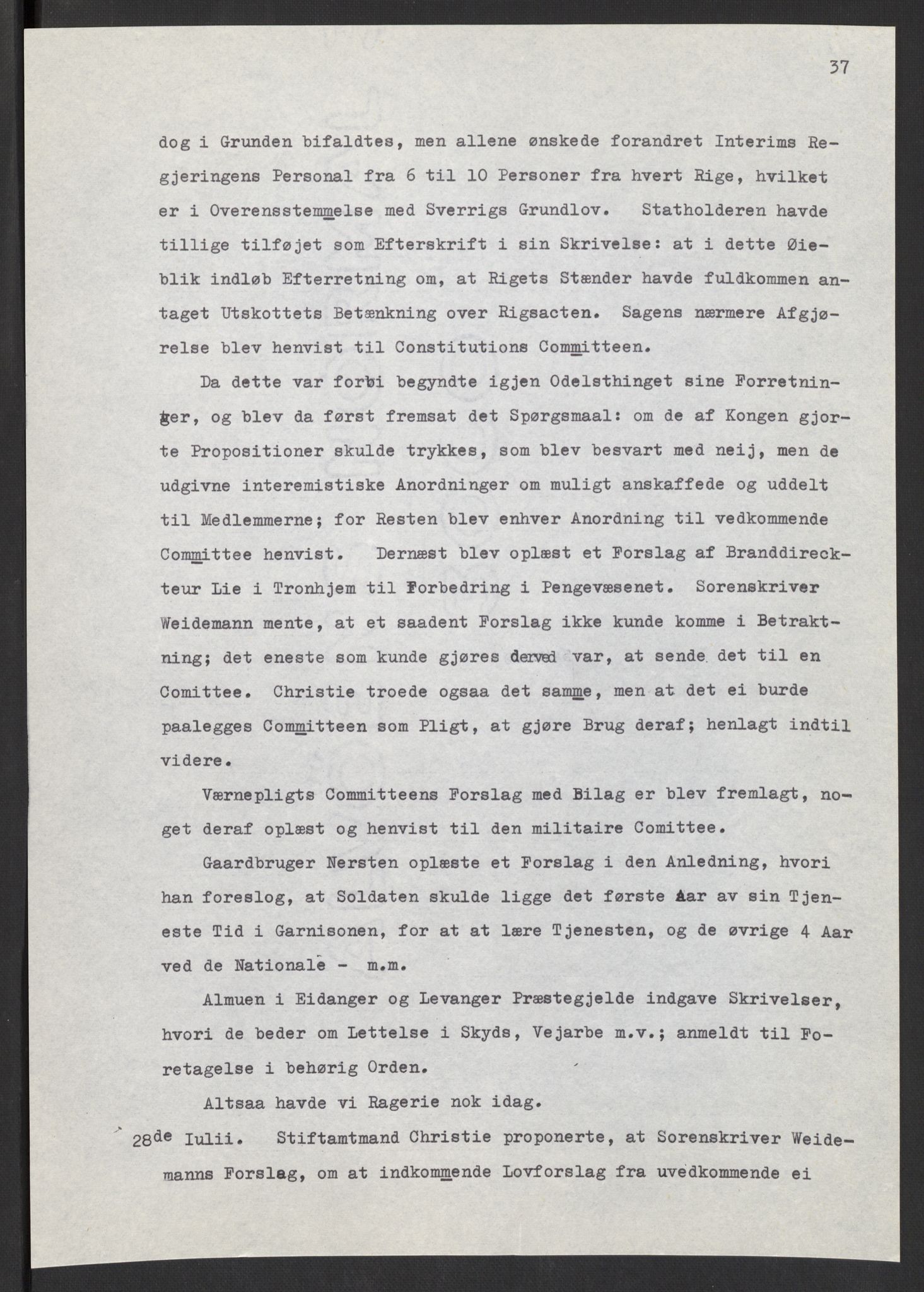 Manuskriptsamlingen, AV/RA-EA-3667/F/L0197: Wetlesen, Hans Jørgen (stortingsmann, ingeniørkaptein); Referat fra Stortinget 1815-1816, 1815-1816, p. 37