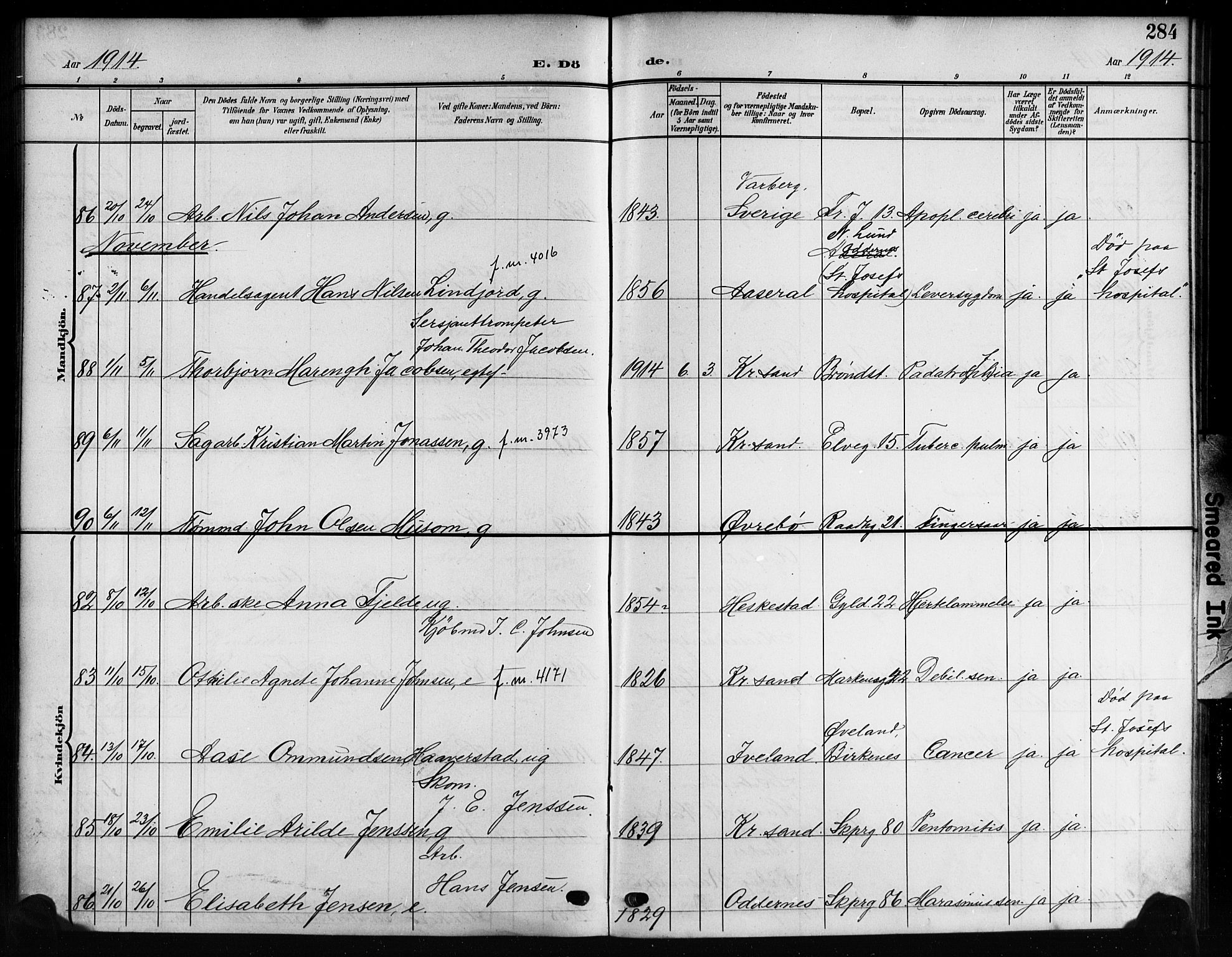 Kristiansand domprosti, AV/SAK-1112-0006/F/Fb/L0020: Parish register (copy) no. B 20, 1906-1915, p. 284