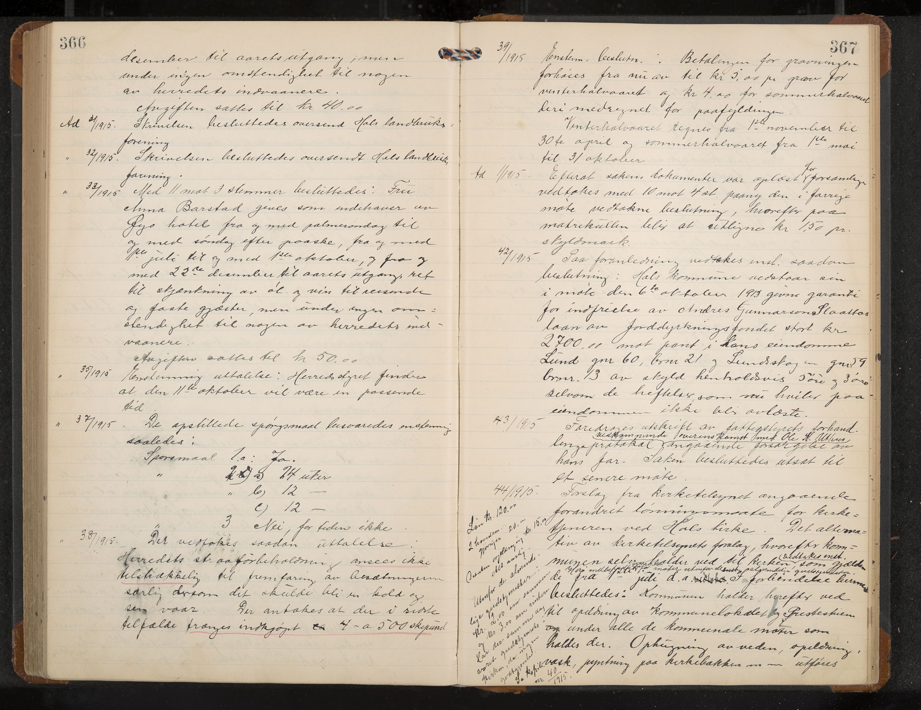 Hol formannskap og sentraladministrasjon, IKAK/0620021-1/A/L0005: Møtebok, 1909-1915, p. 366-367