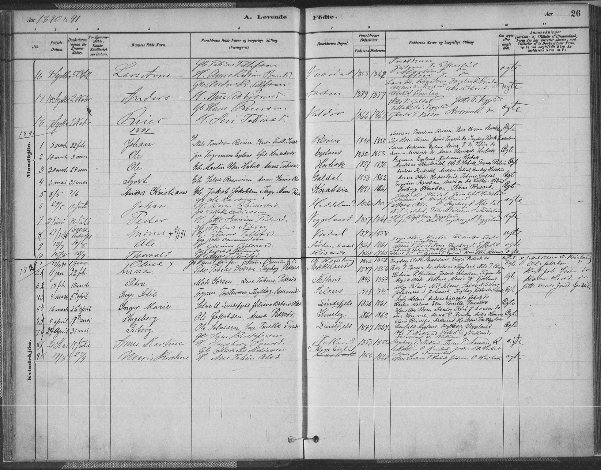 Fjotland sokneprestkontor, SAK/1111-0010/F/Fa/L0002: Parish register (official) no. A 2, 1880-1898, p. 26